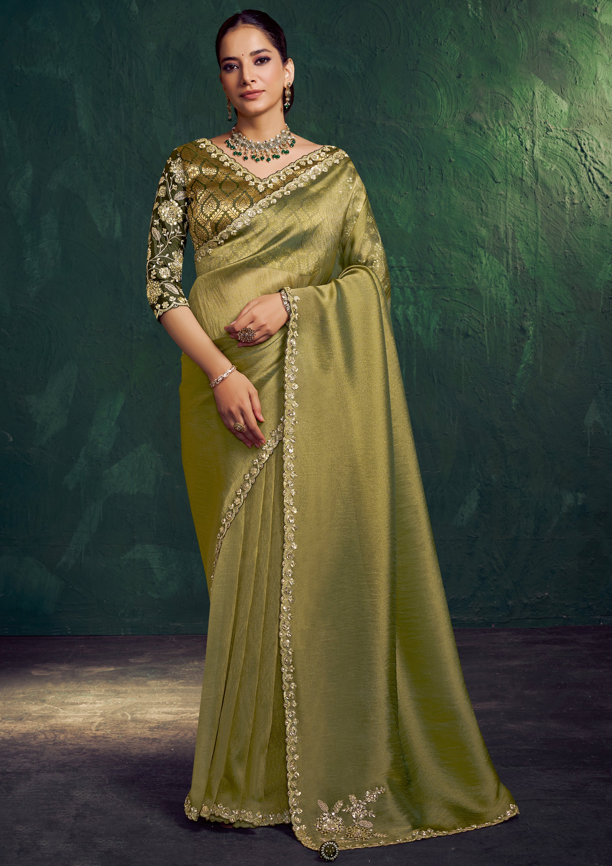 Olive Green Embellished Tissue Silk Saree