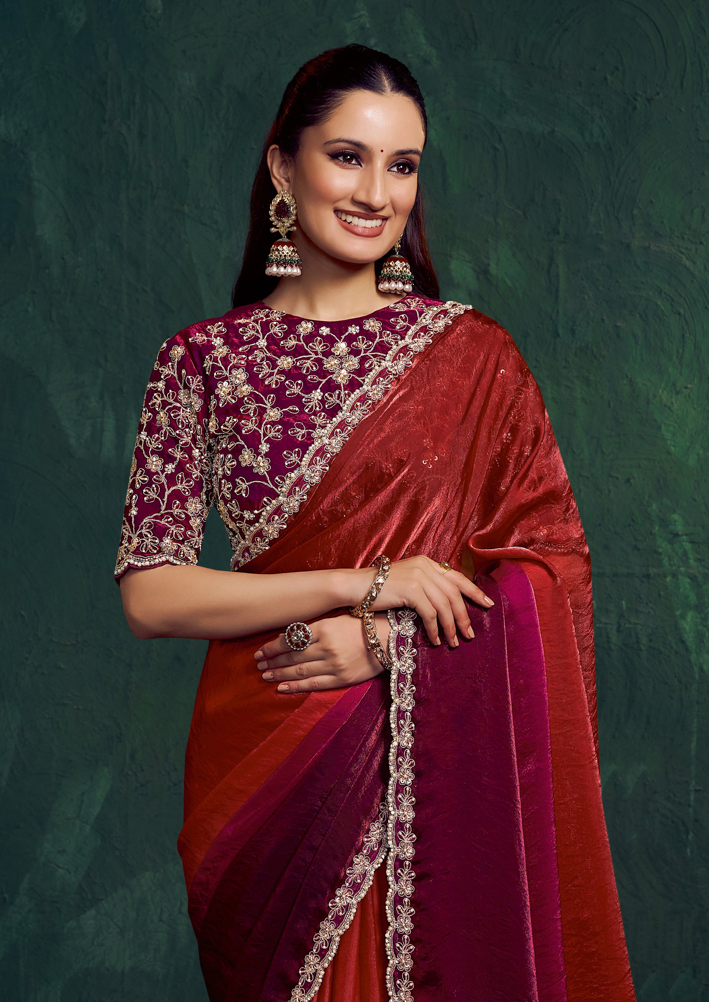 Garnet Wine Embellished Tissue Silk Saree