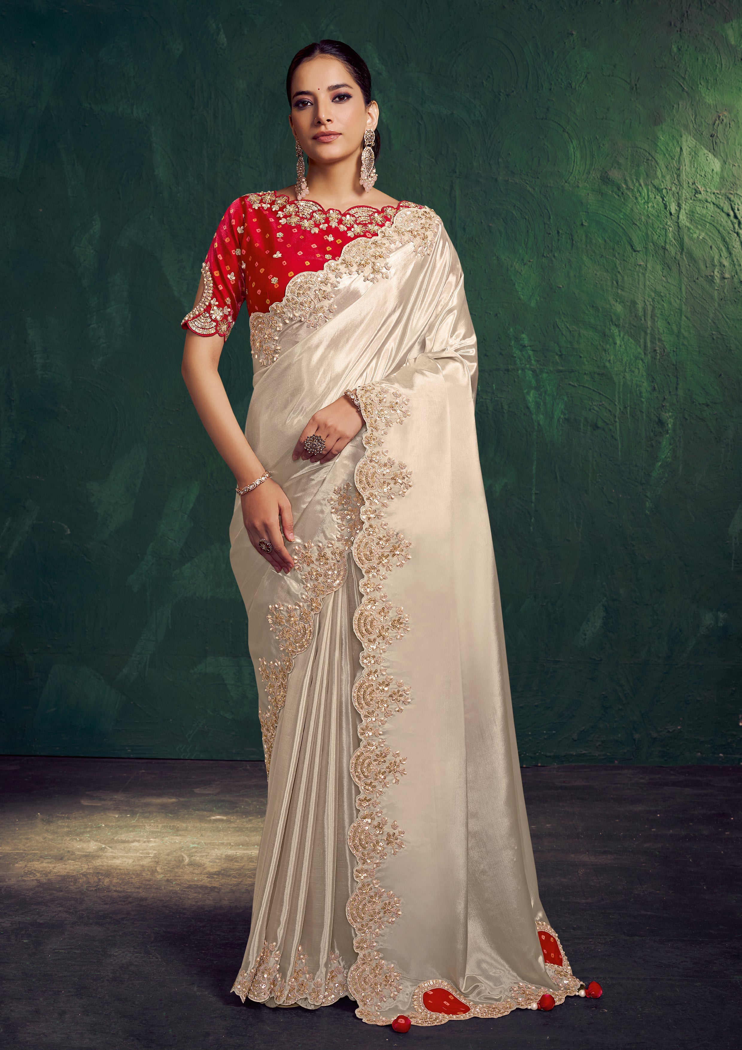 Warm Champagne Embellished Tissue Silk Saree
