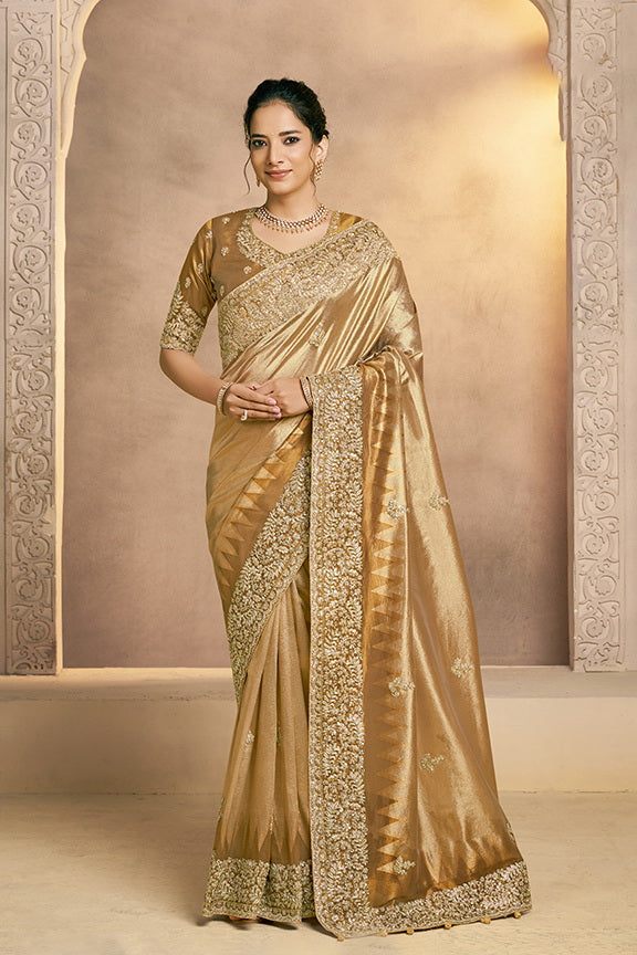 Light Golden Embellished Zari Kora Silk Saree