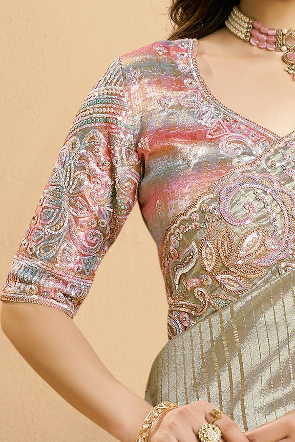 Sea Green Embellished Zari Tissue Silk Saree