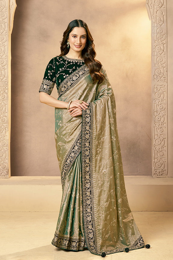 Sage Green Embellished Kora Silk Saree
