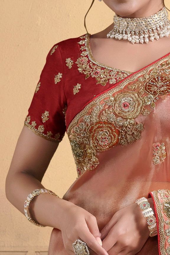 Dusty Orange Embellished Twill Tissue Silk Saree