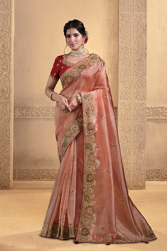 Dusty Orange Embellished Twill Tissue Silk Saree