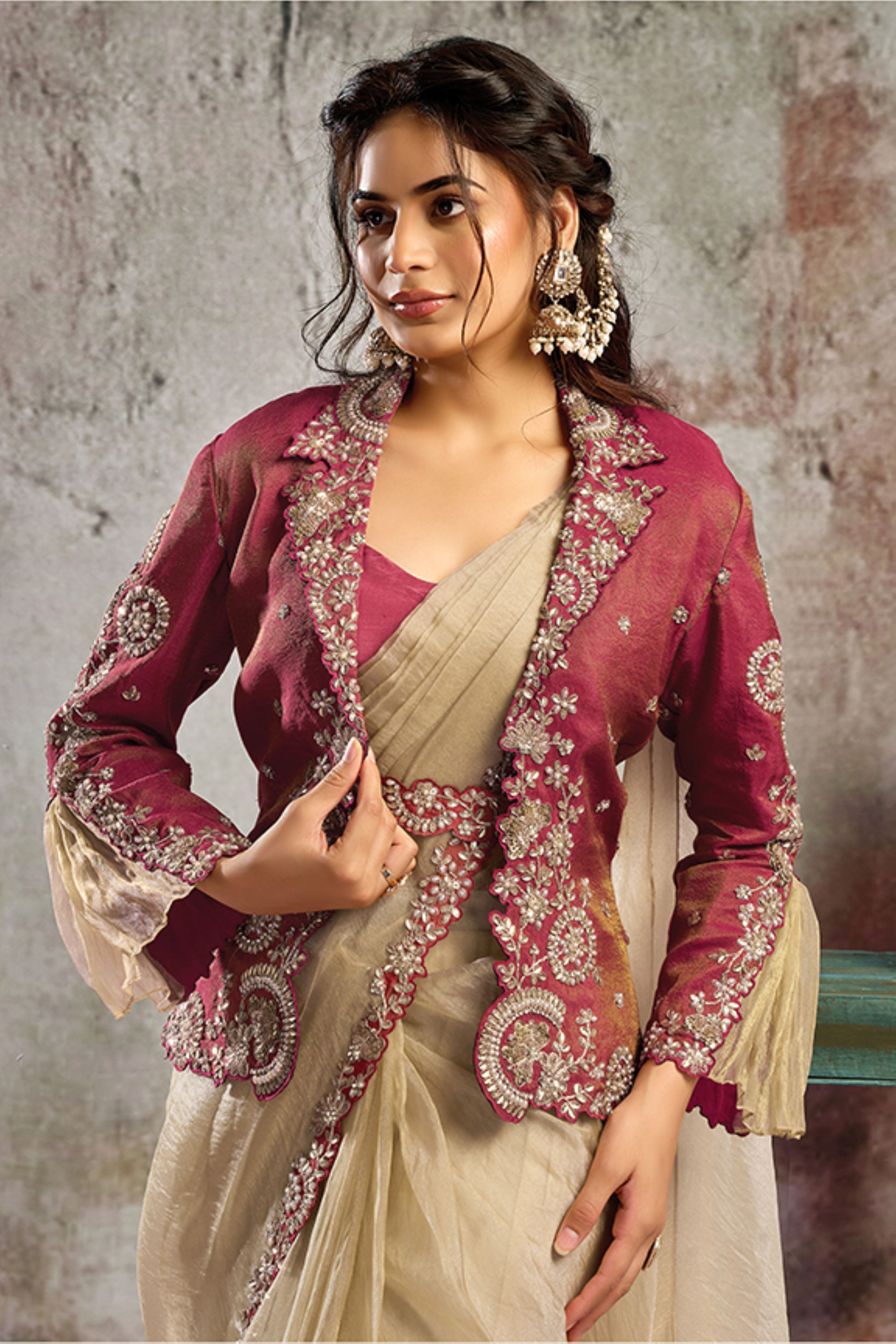 Rosewood Embellished Organza Silk Draped Saree