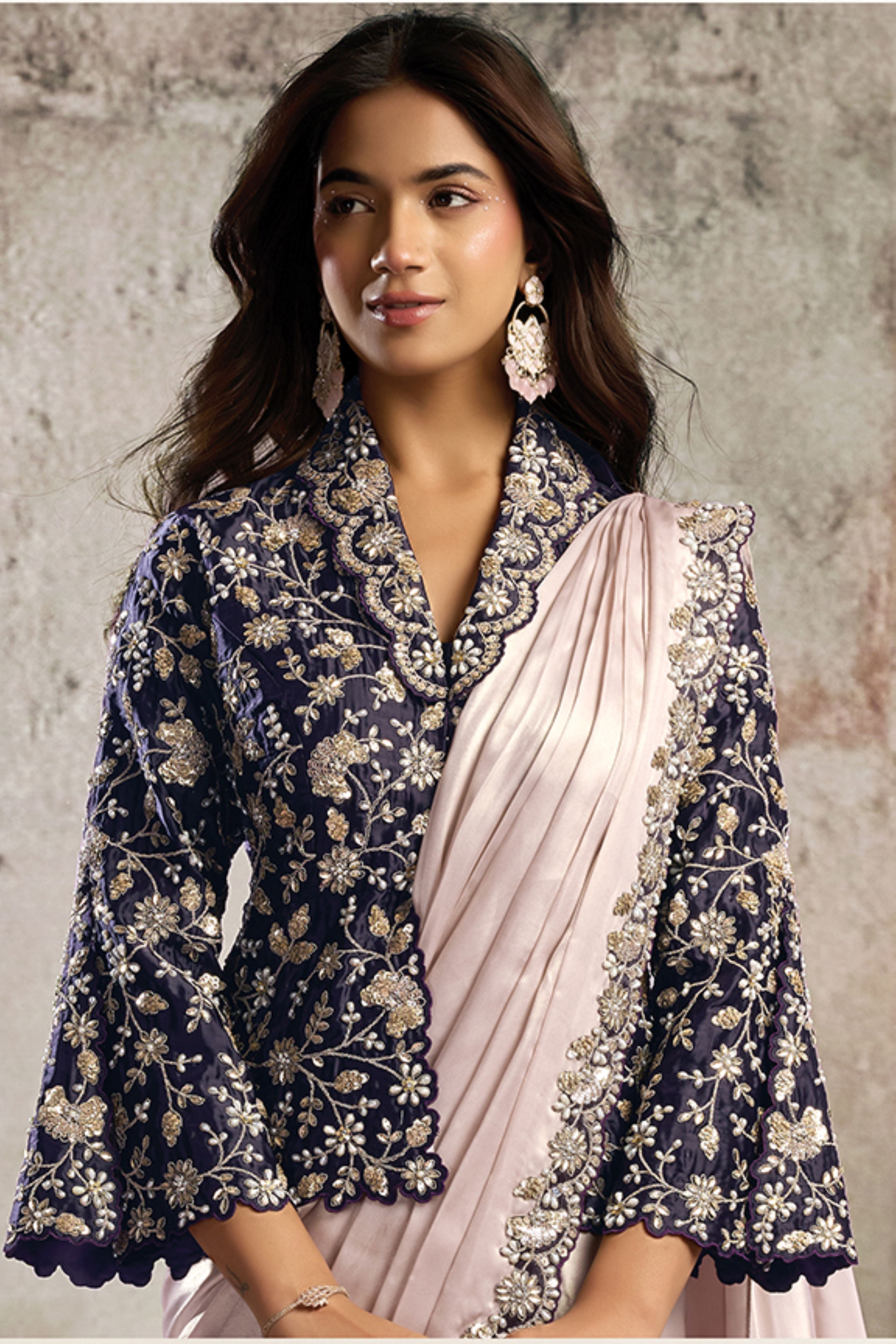 Midnight Lavender Embellished Satin Silk Draped Saree