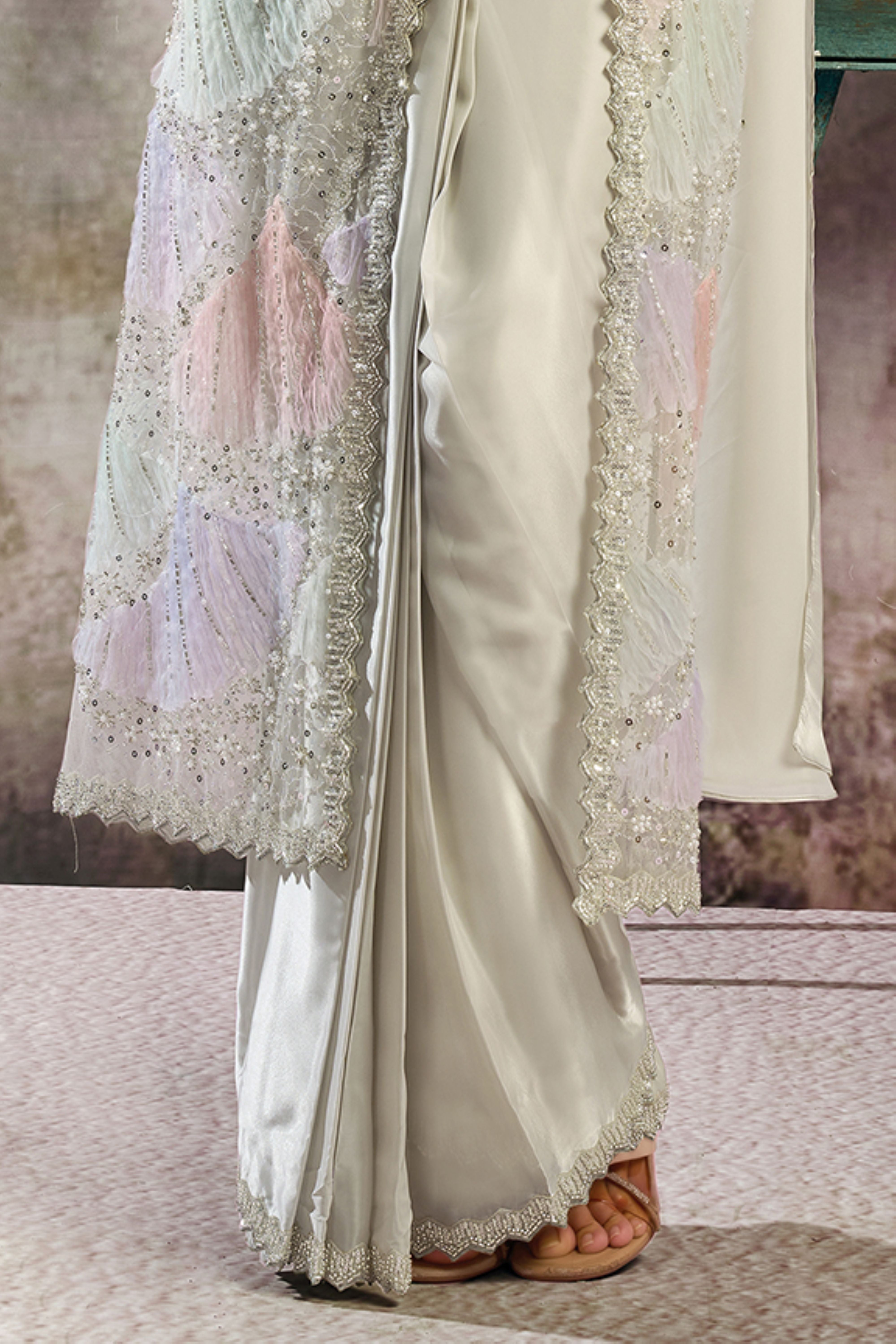 Silver Willow Embellished Satin Silk Draped Saree