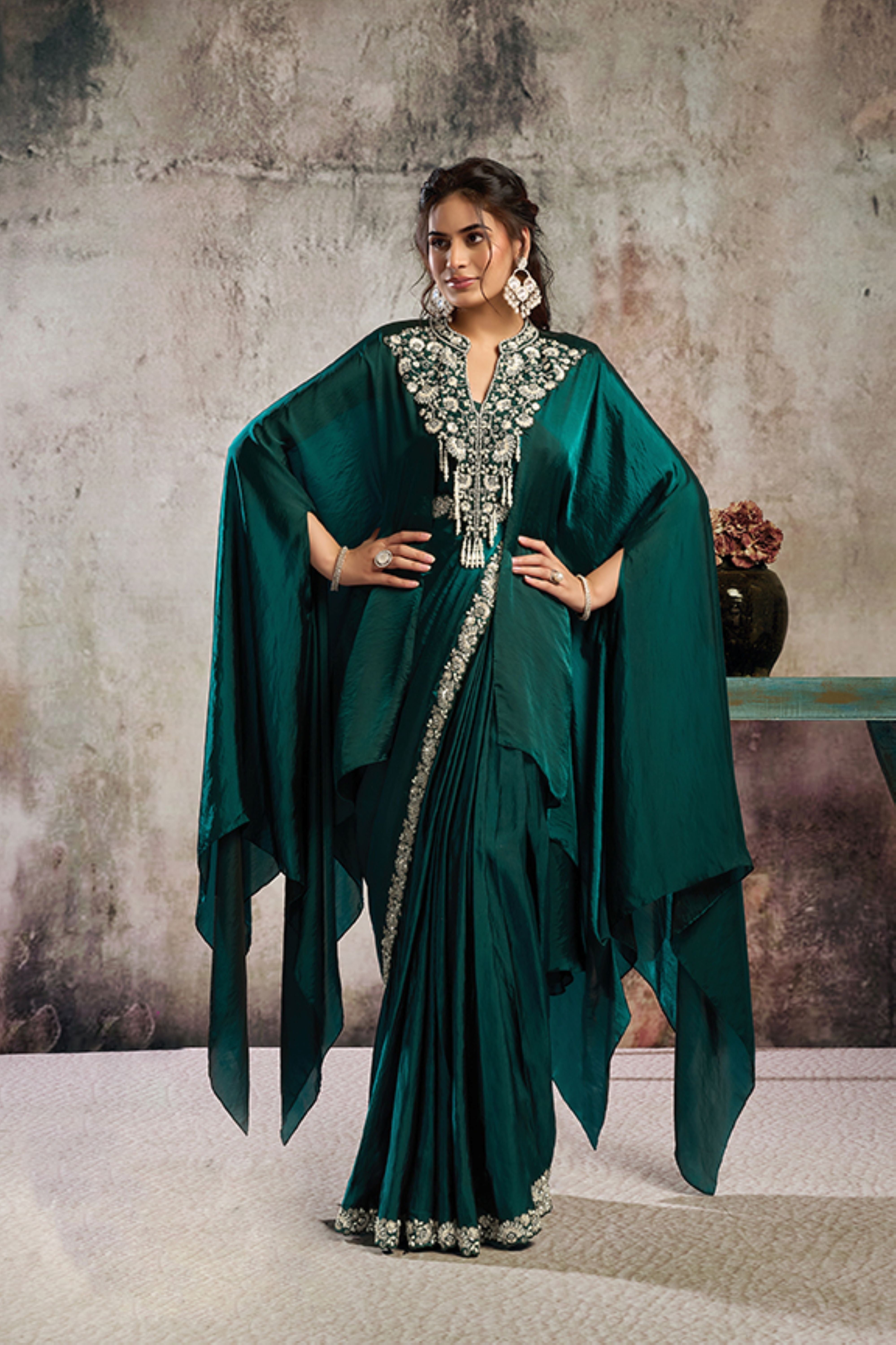 Emerald Royal Embellished Satin Silk Draped Saree