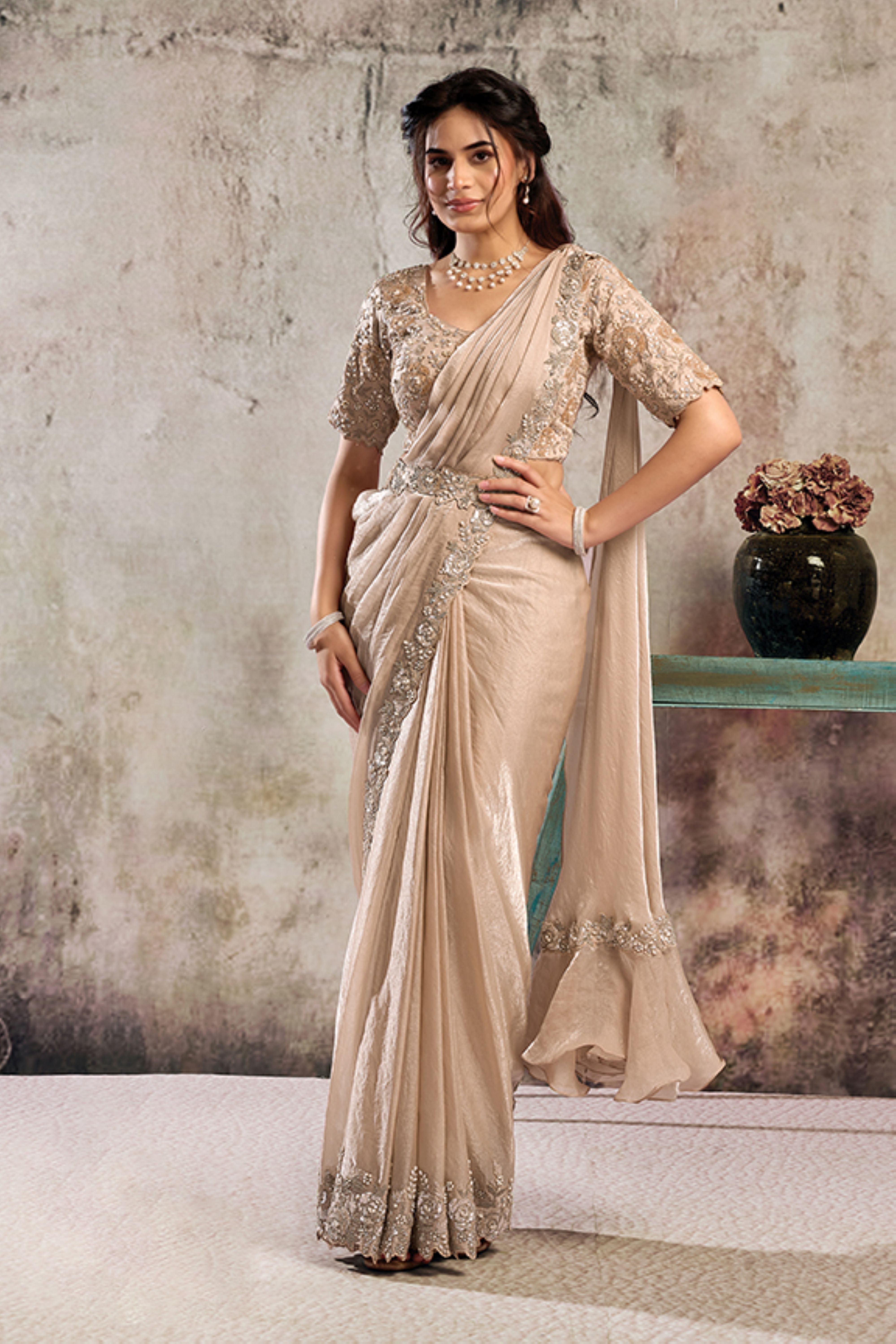 Warm Ecru Embellished Satin Silk Draped Saree