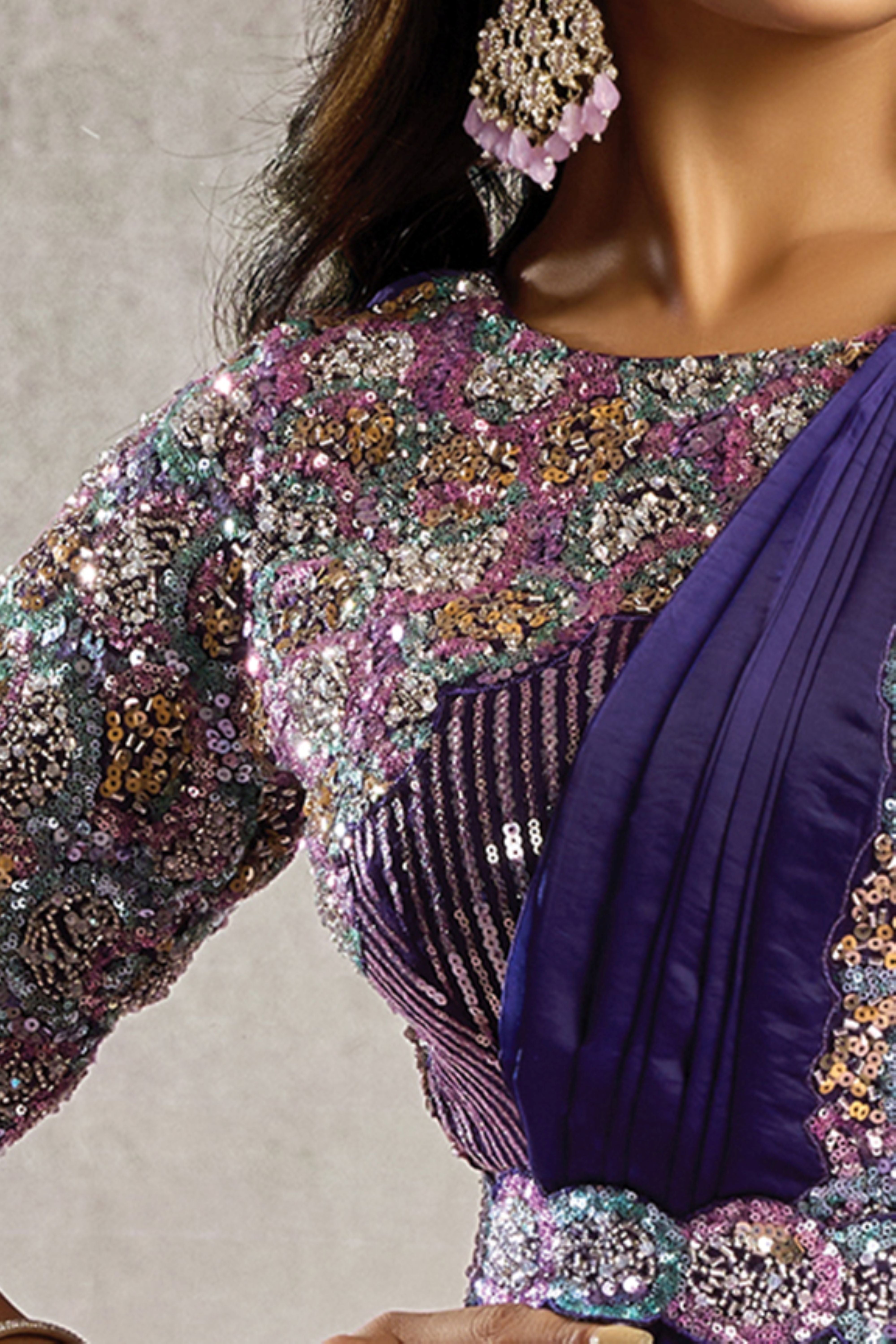 Imperial Indigo Embellished Satin Silk Draped Saree