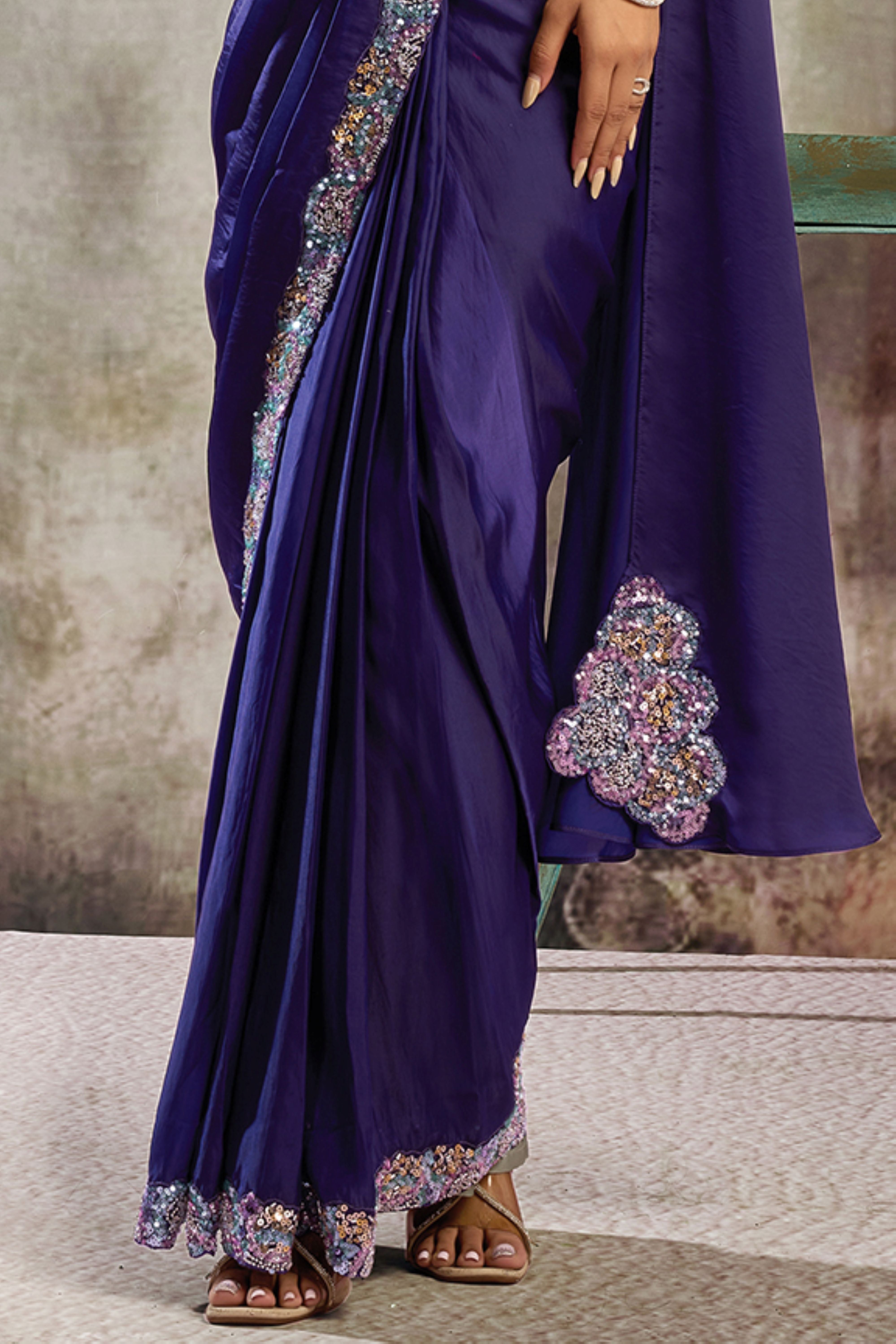 Imperial Indigo Embellished Satin Silk Draped Saree