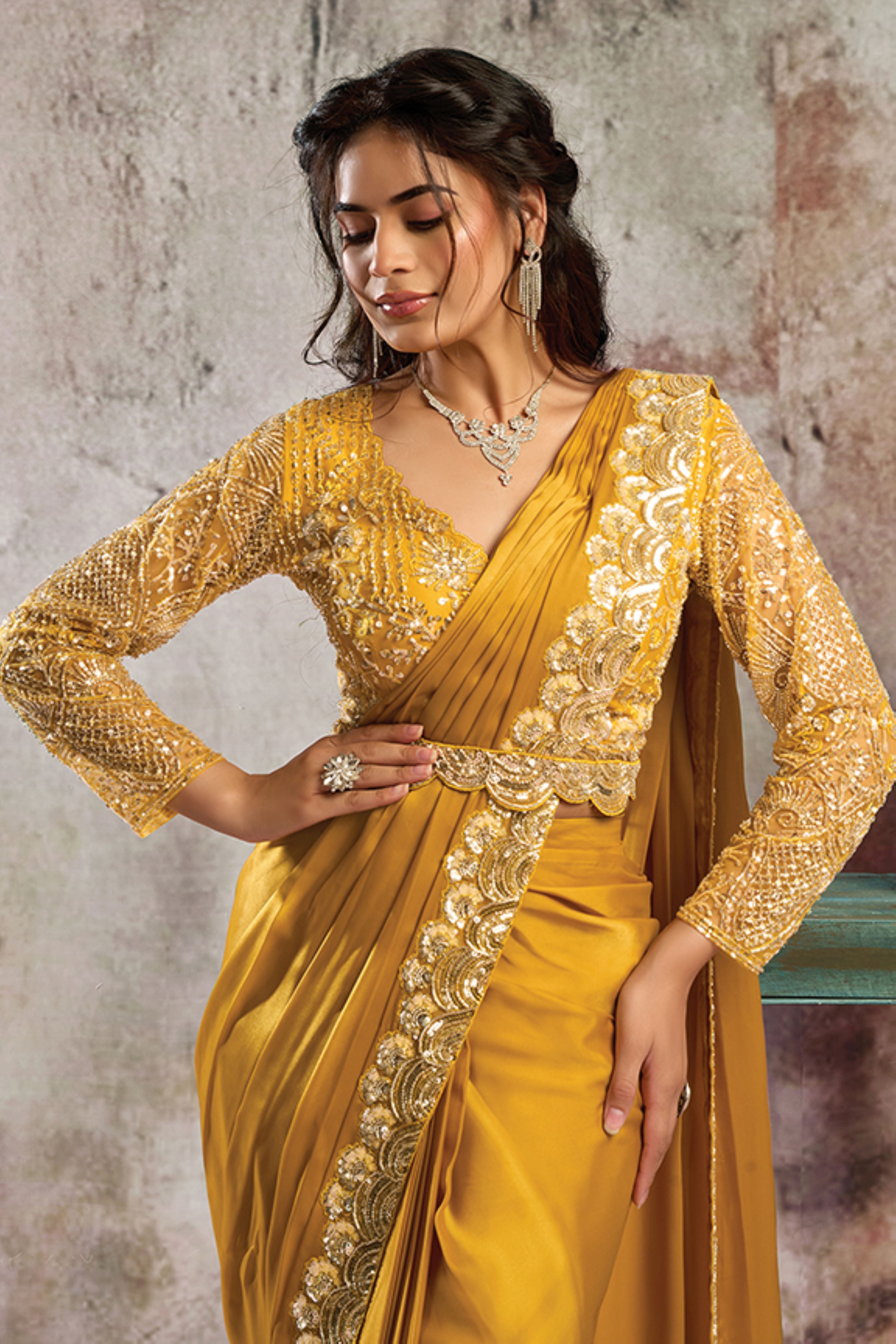 Golden Yellow Embellished Satin Silk Draped Saree