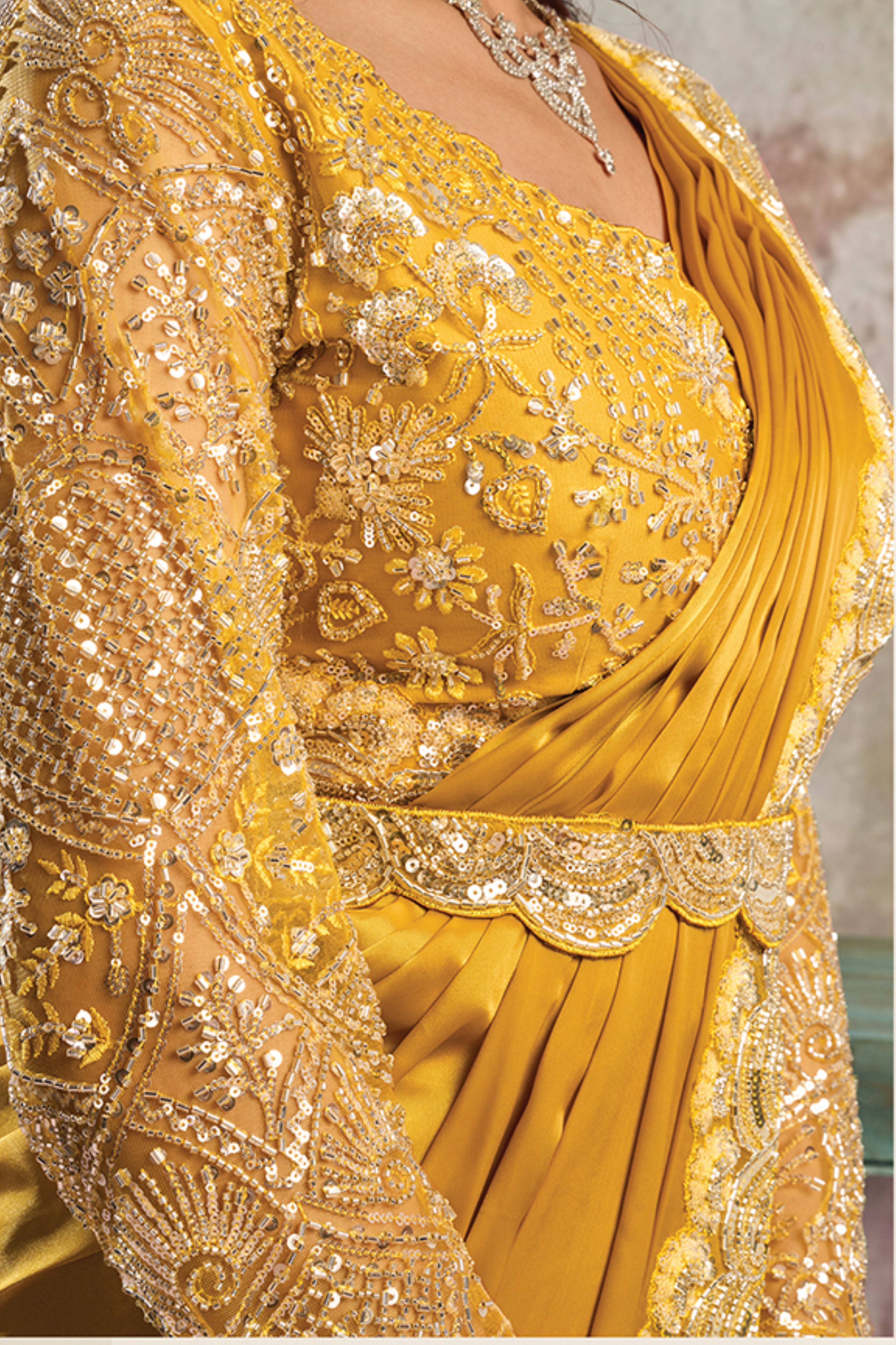 Golden Yellow Embellished Satin Silk Draped Saree