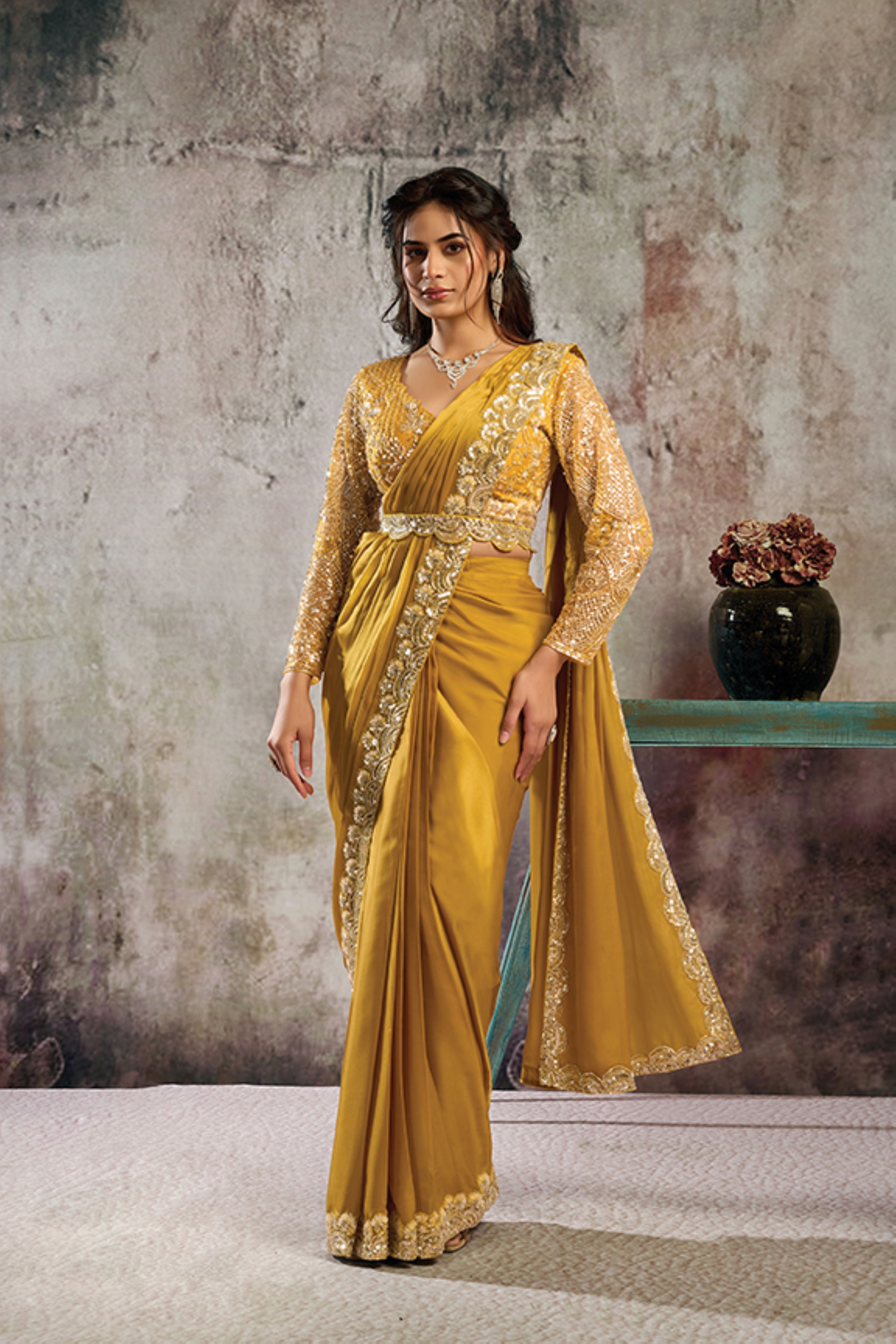 Golden Yellow Embellished Satin Silk Draped Saree