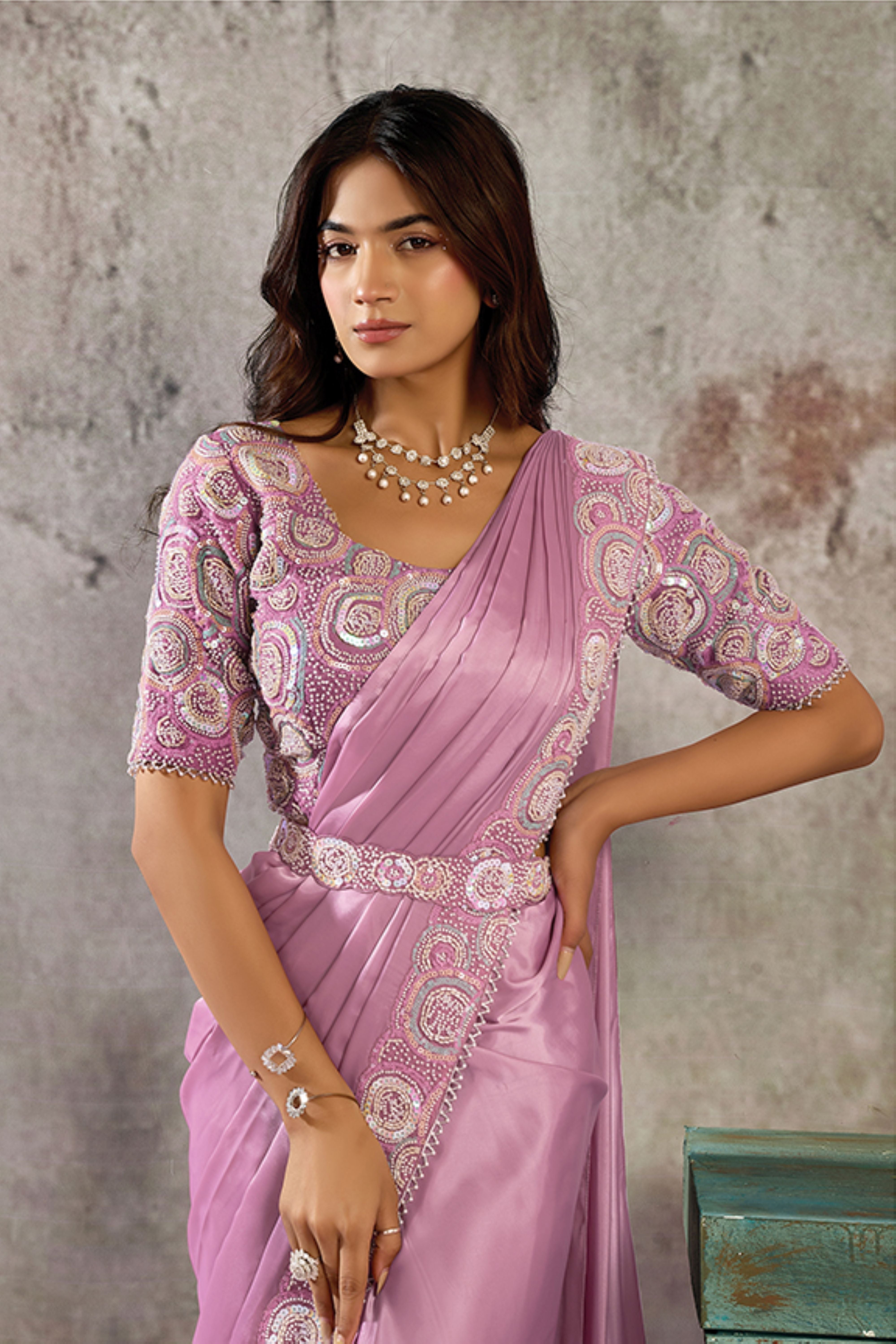 Orchid Purple Embellished Satin Silk Draped Saree