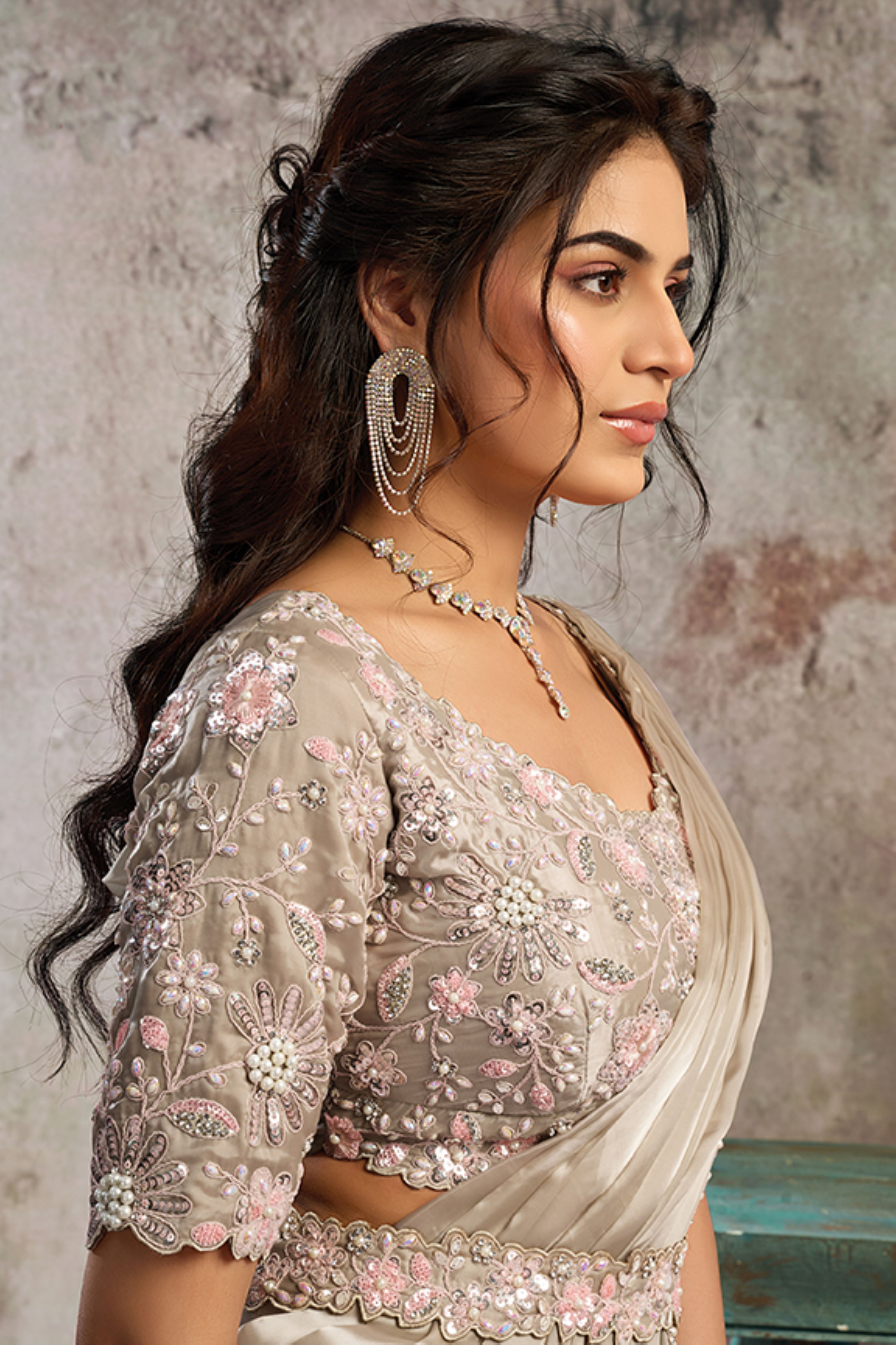 Silver Mist Embellished Satin Silk Draped Saree
