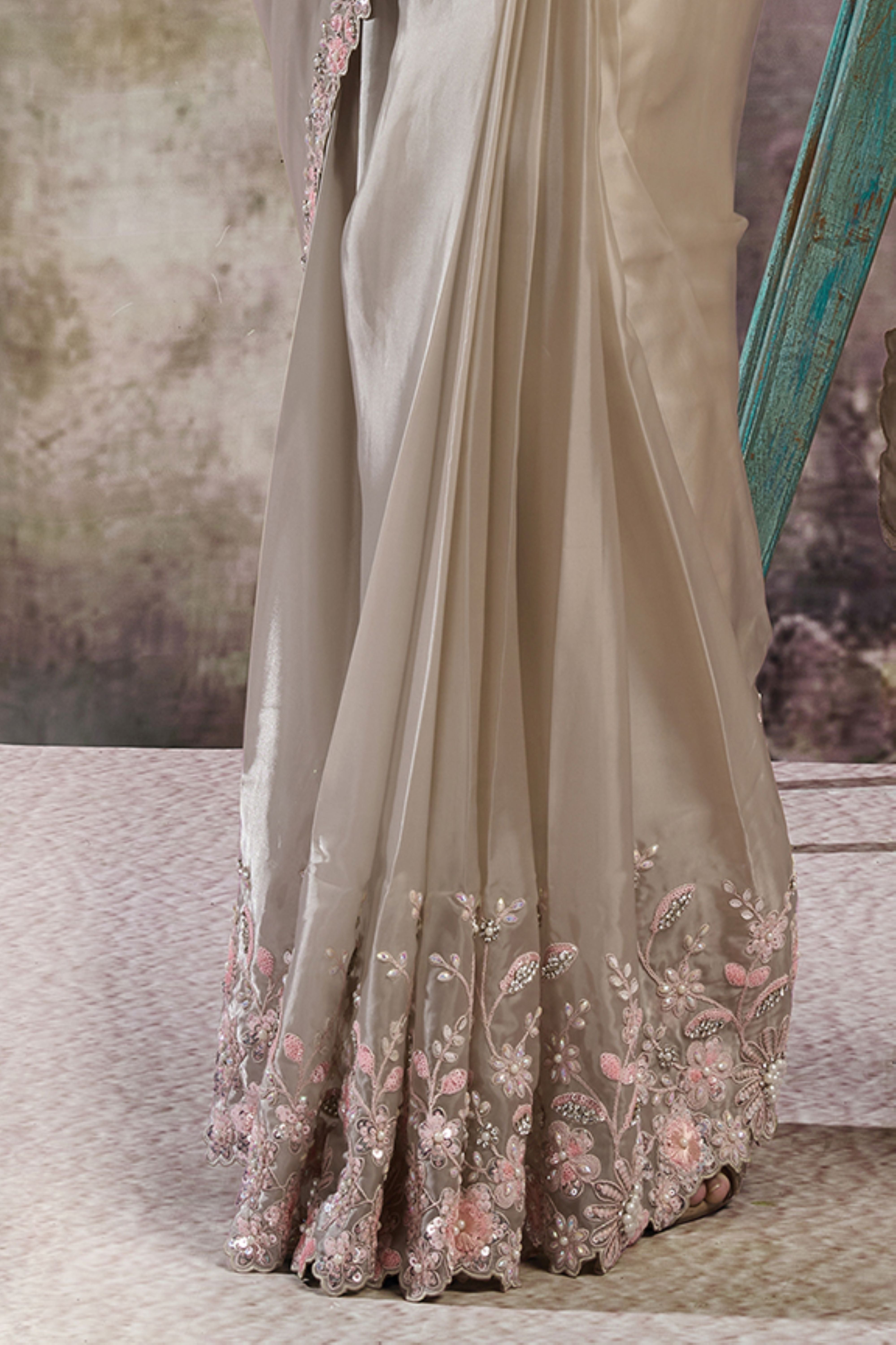 Silver Mist Embellished Satin Silk Draped Saree