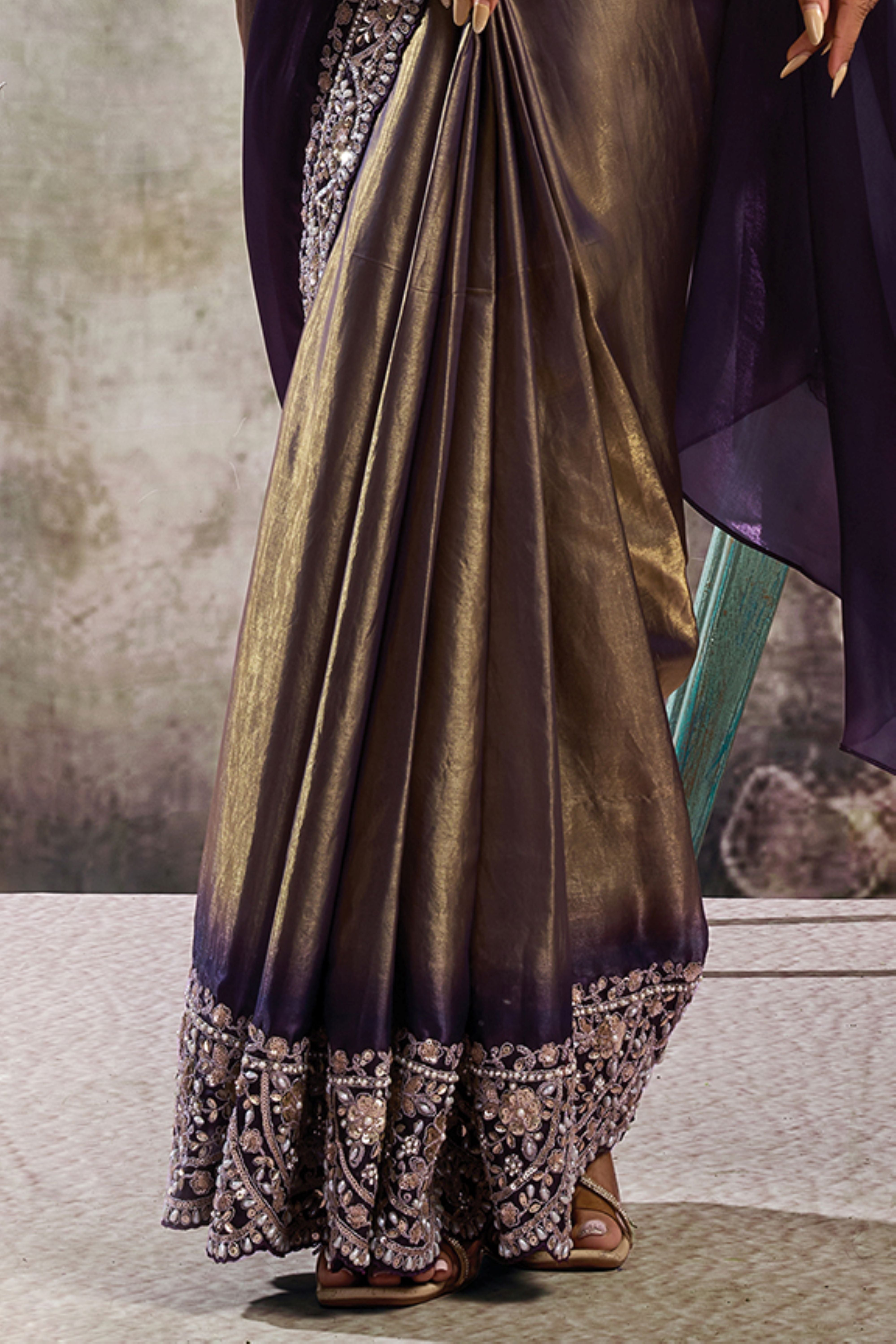 Metallic Purple Embellished Satin Silk Draped Saree