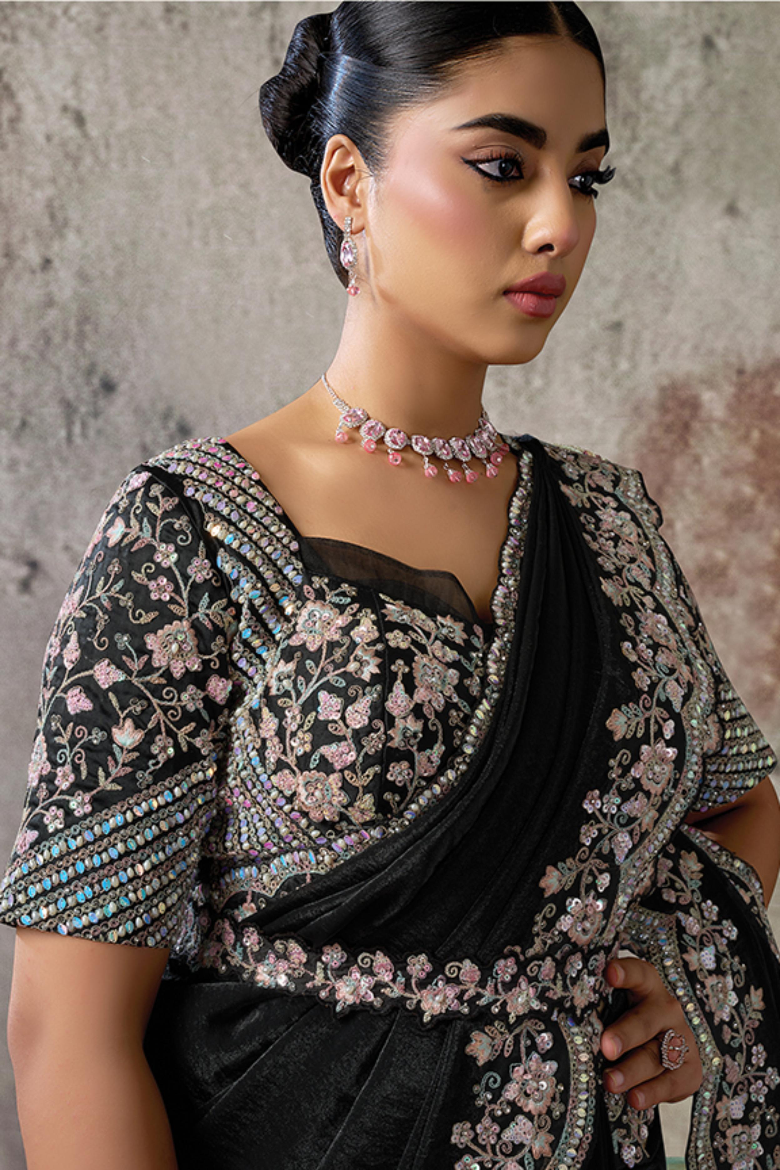 Midnight Onyx Embellished Satin Silk Draped Saree