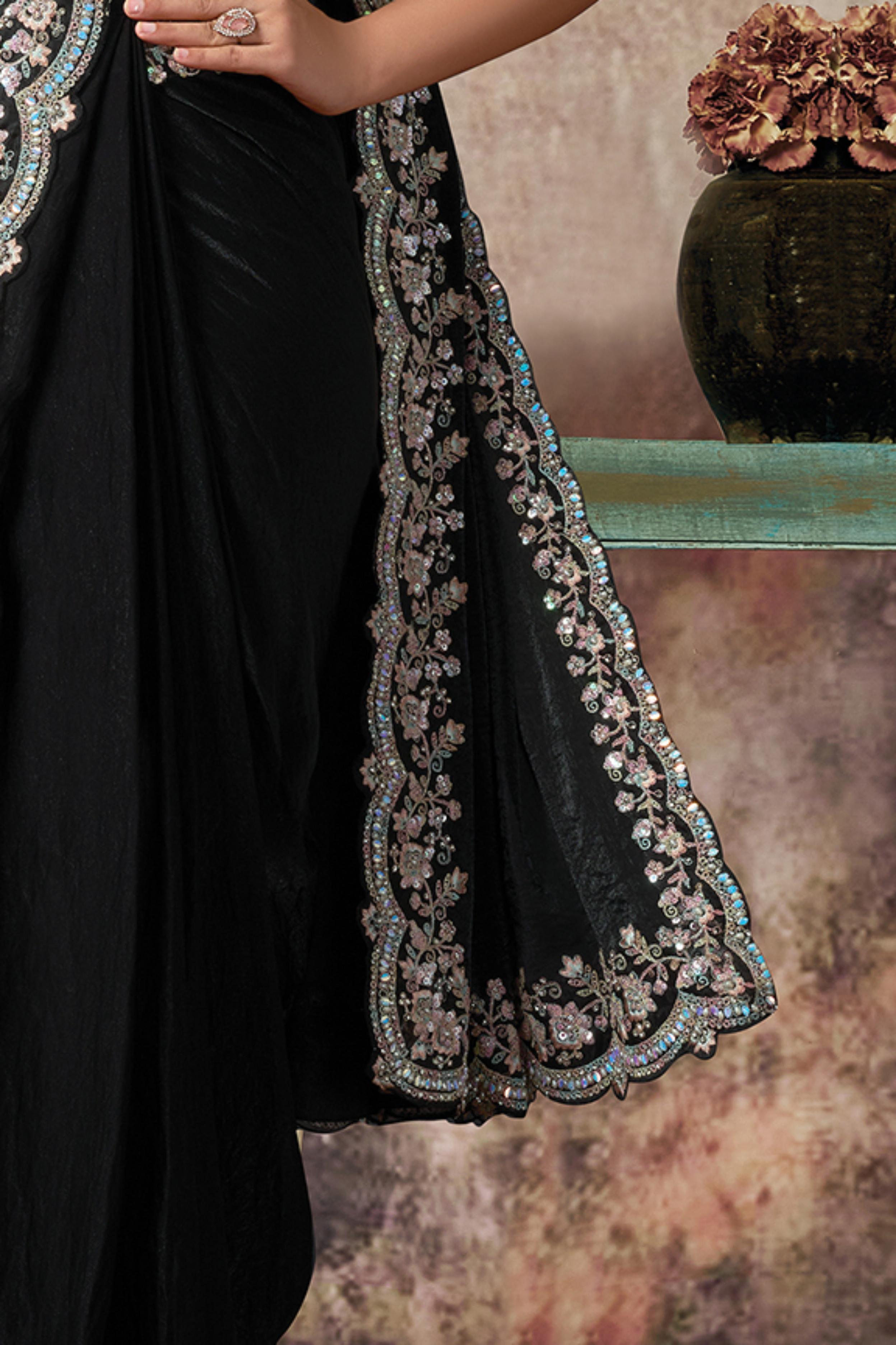 Midnight Onyx Embellished Satin Silk Draped Saree