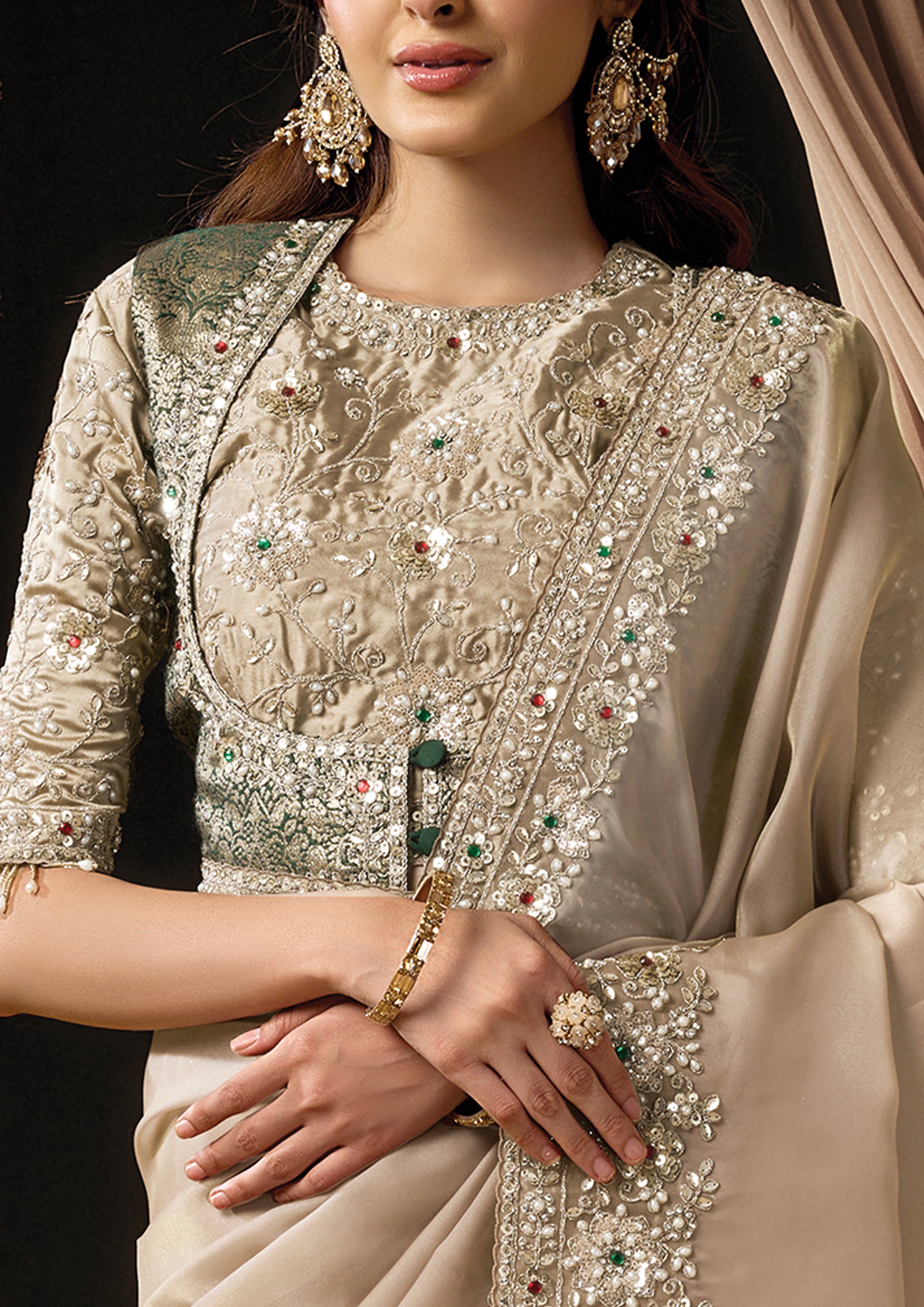 Premium Beige Embellished Organza Satin Silk Saree