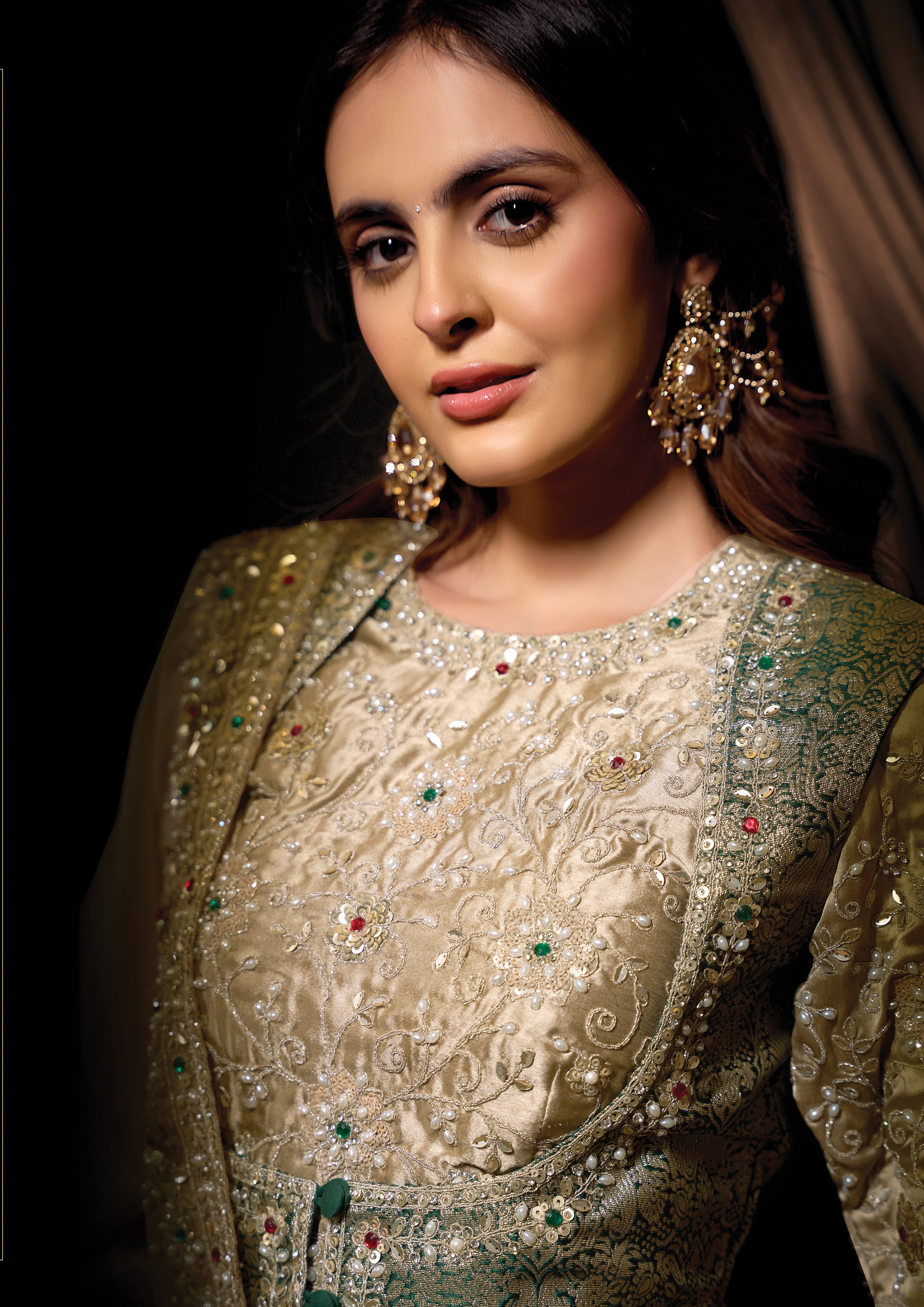 Premium Beige Embellished Organza Satin Silk Saree