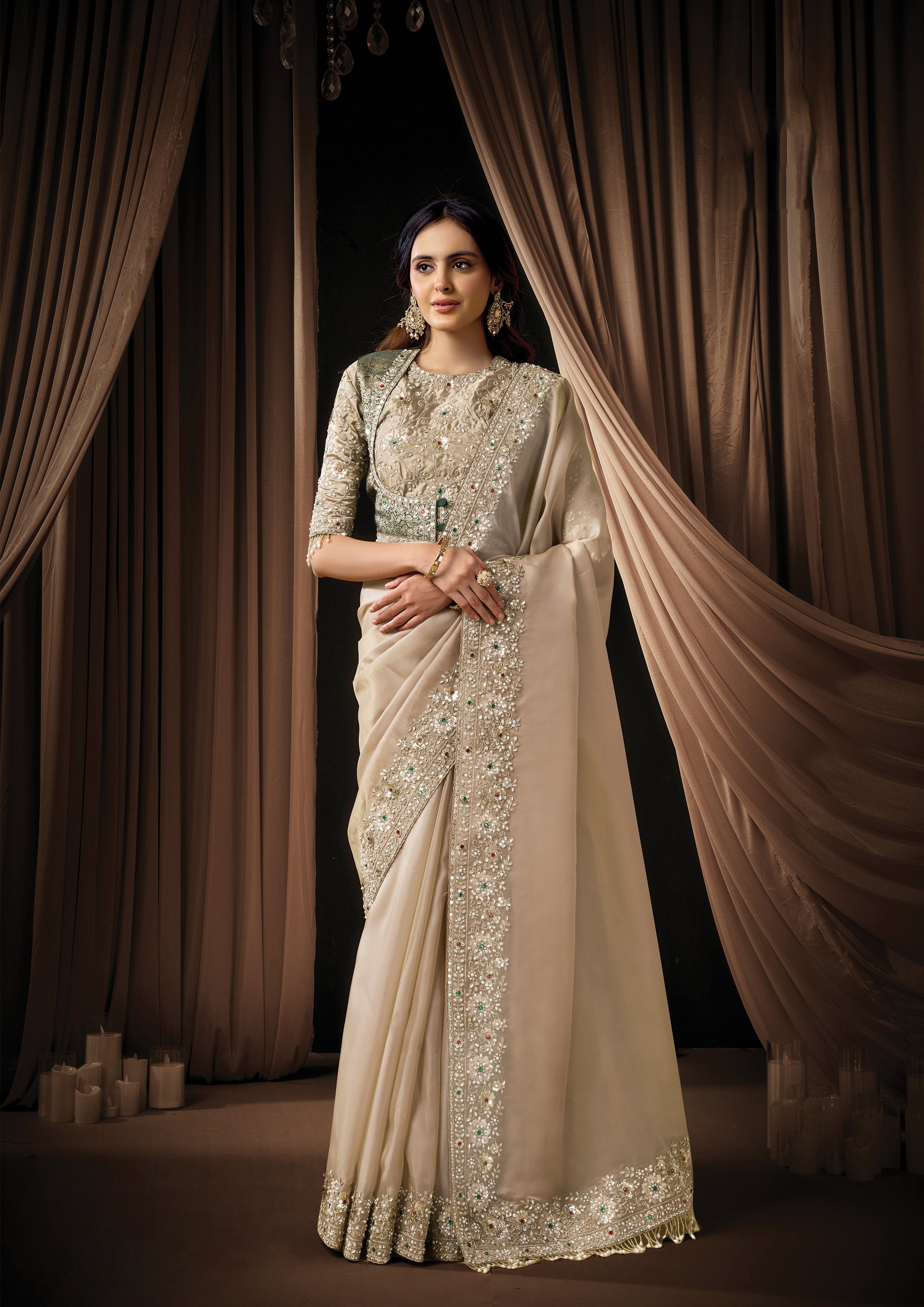 Premium Beige Embellished Organza Satin Silk Saree