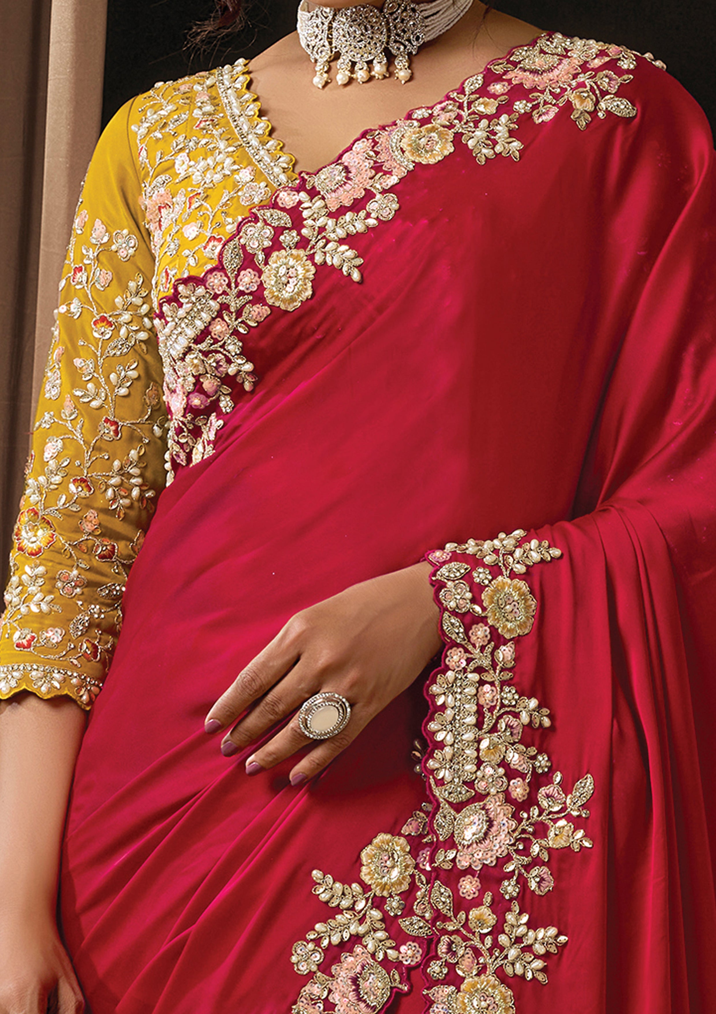Hot Red Embellished Lustrous Satin Silk Saree