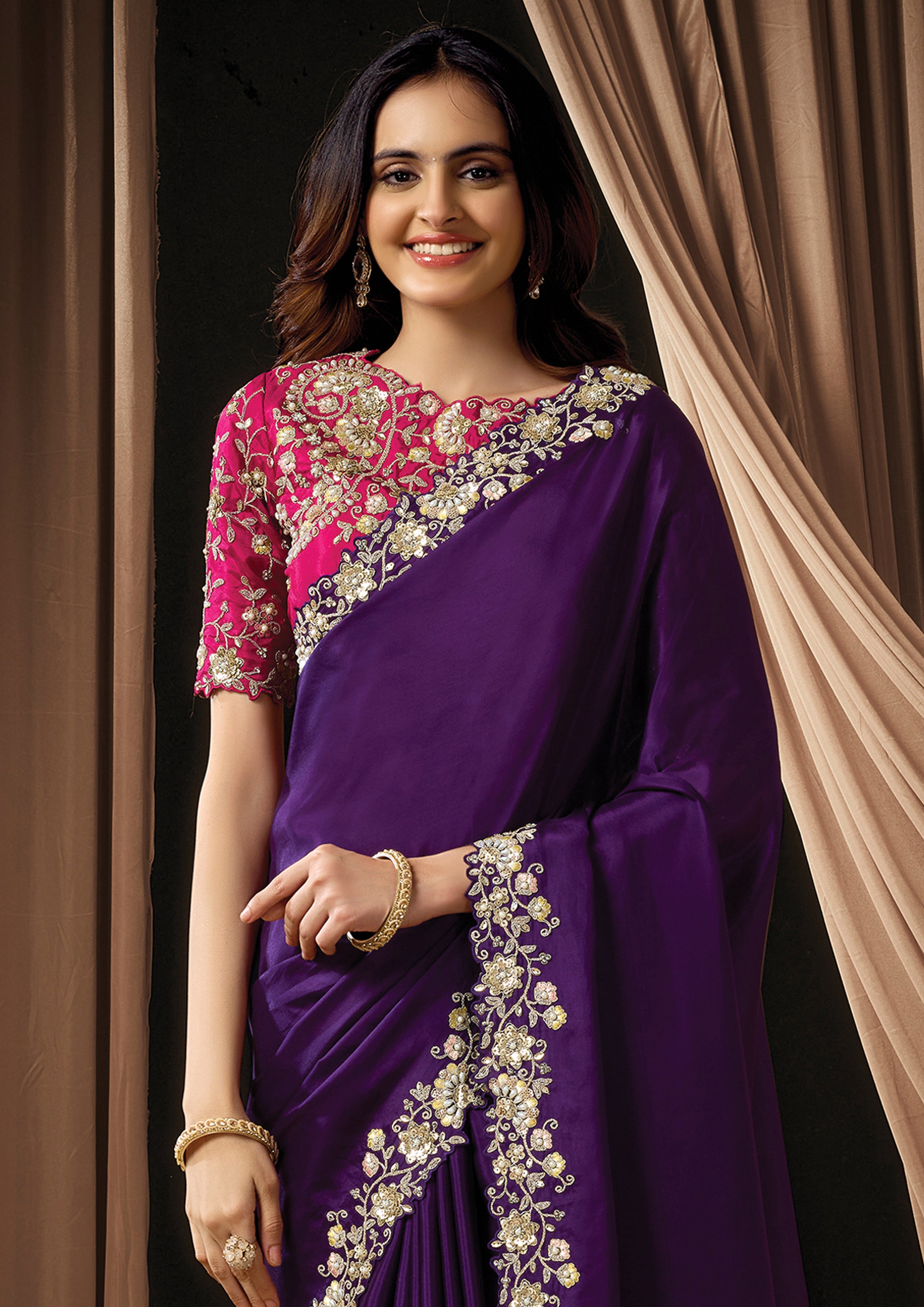 Dark Purple Embellished Uppada Silk Saree