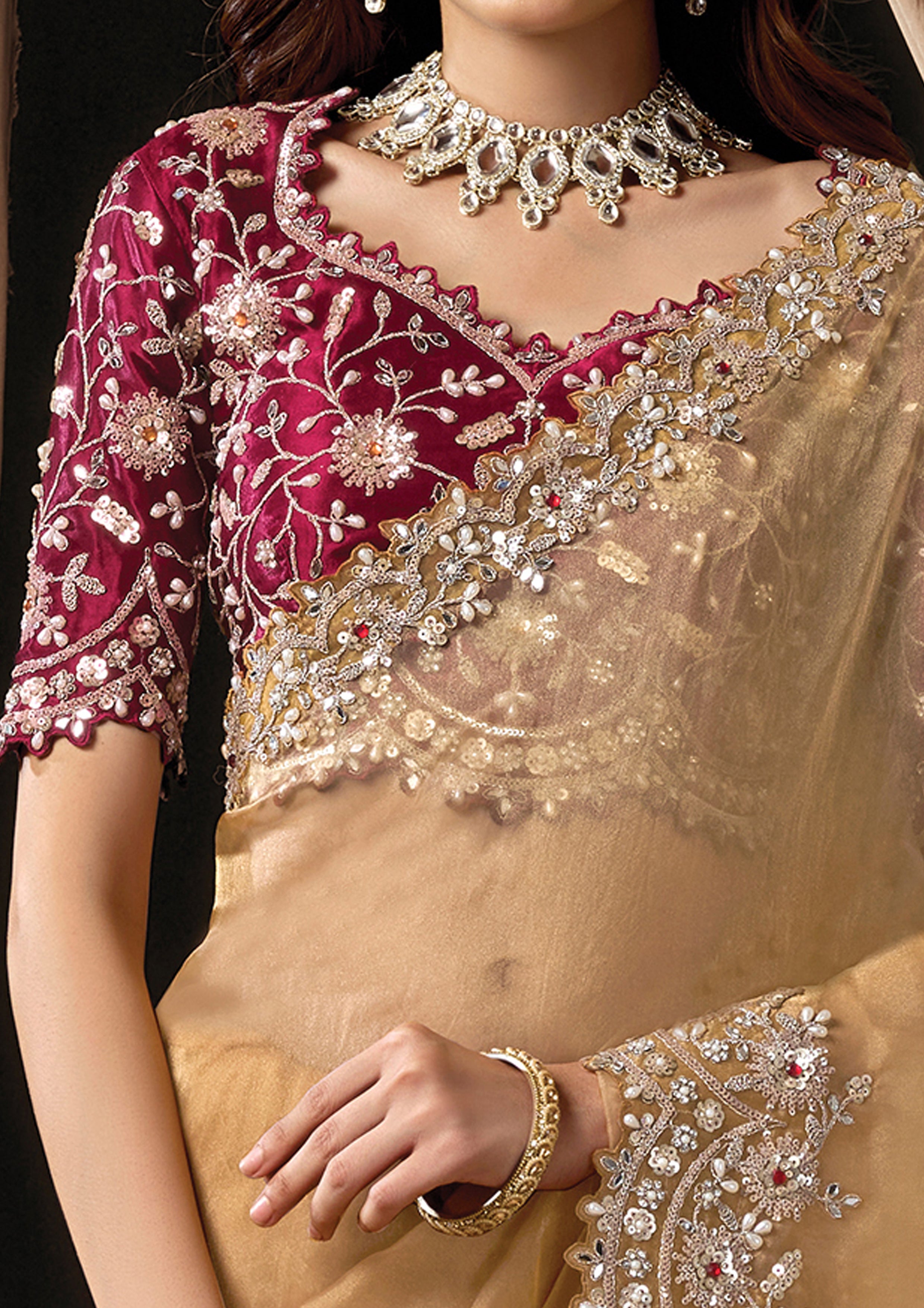 Warm Gold Embellished Organza Tissue Saree