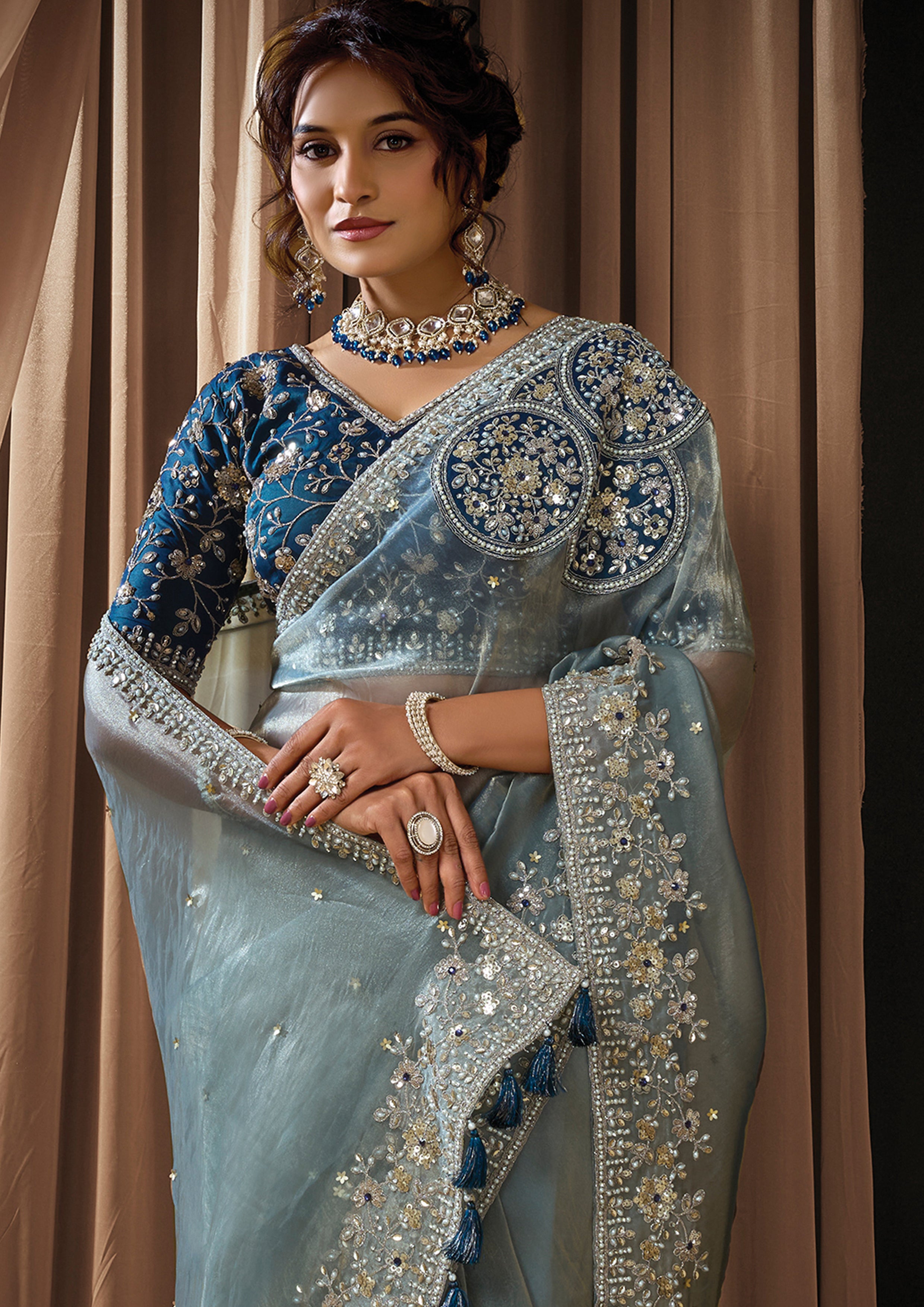 Ice Gray Embellished Zari Organza Silk Saree
