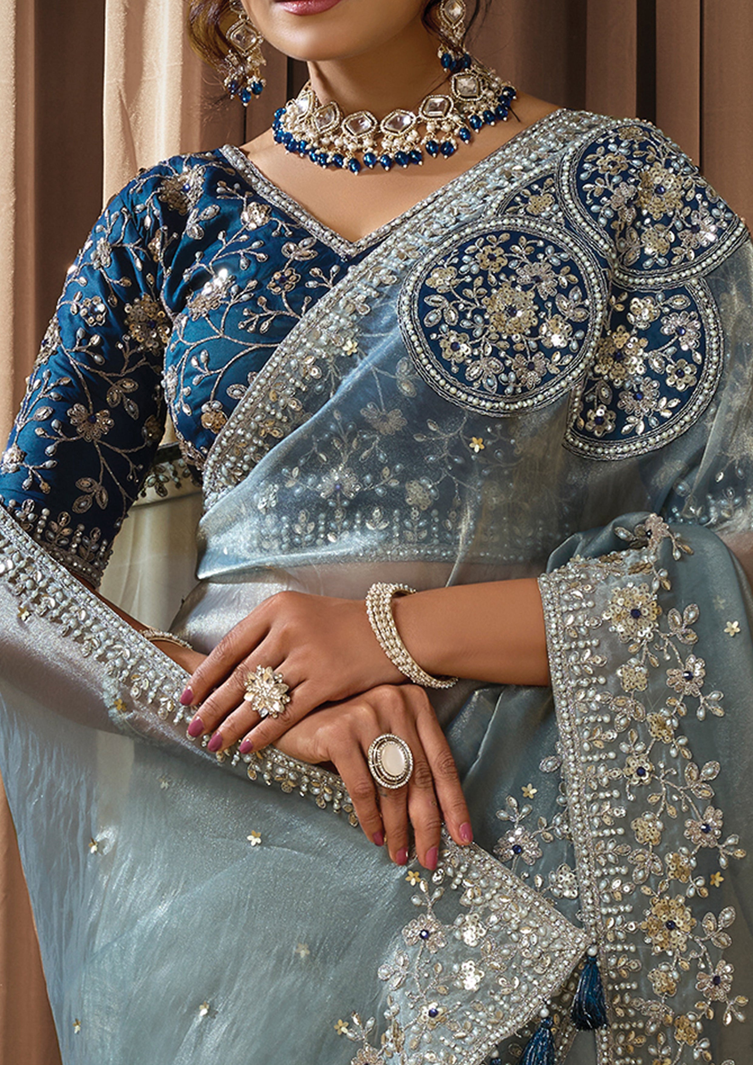 Ice Gray Embellished Zari Organza Silk Saree