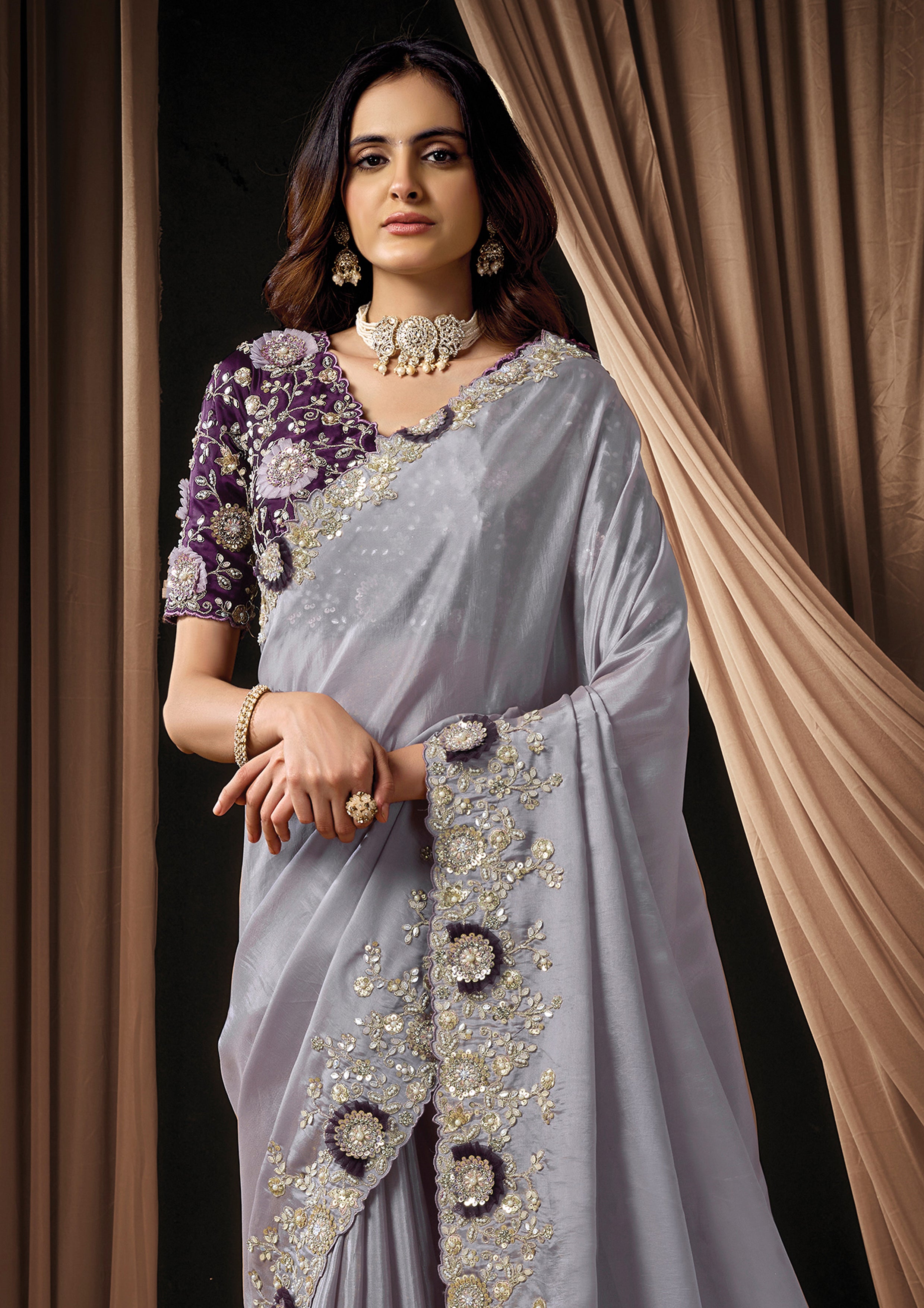 Soft Lavender Embellished Uppada Silk Saree