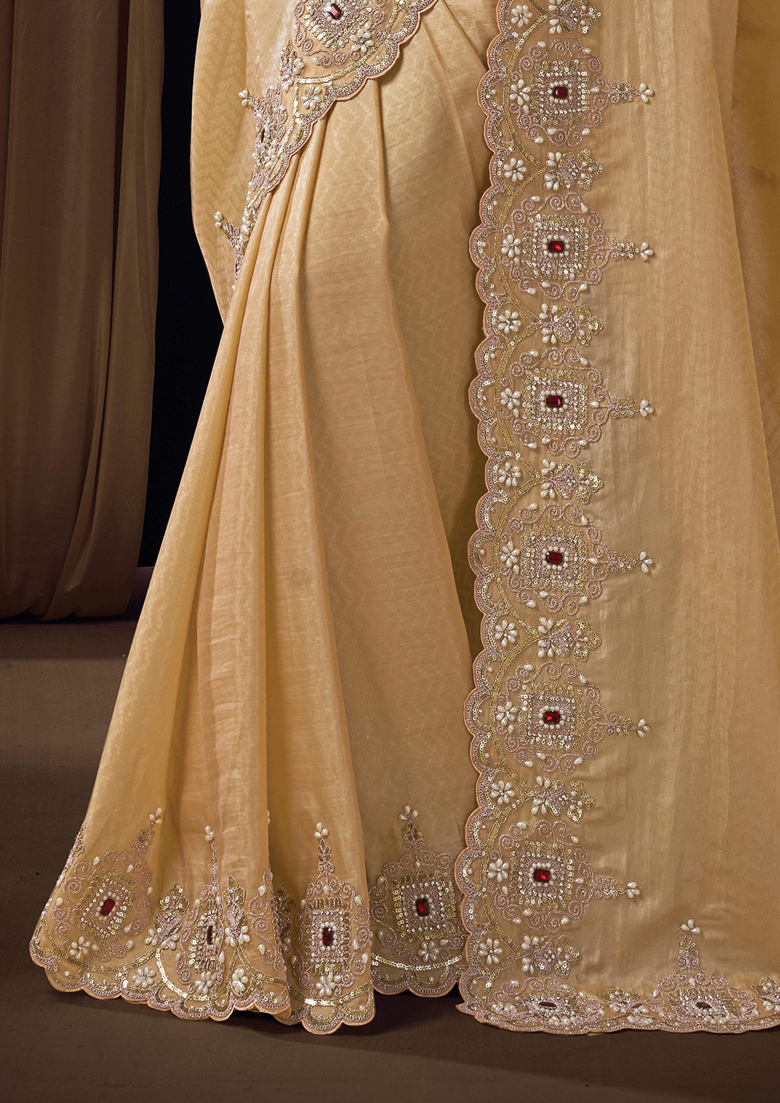 Soft Beige Embellished Woven Jacquard Silk Saree