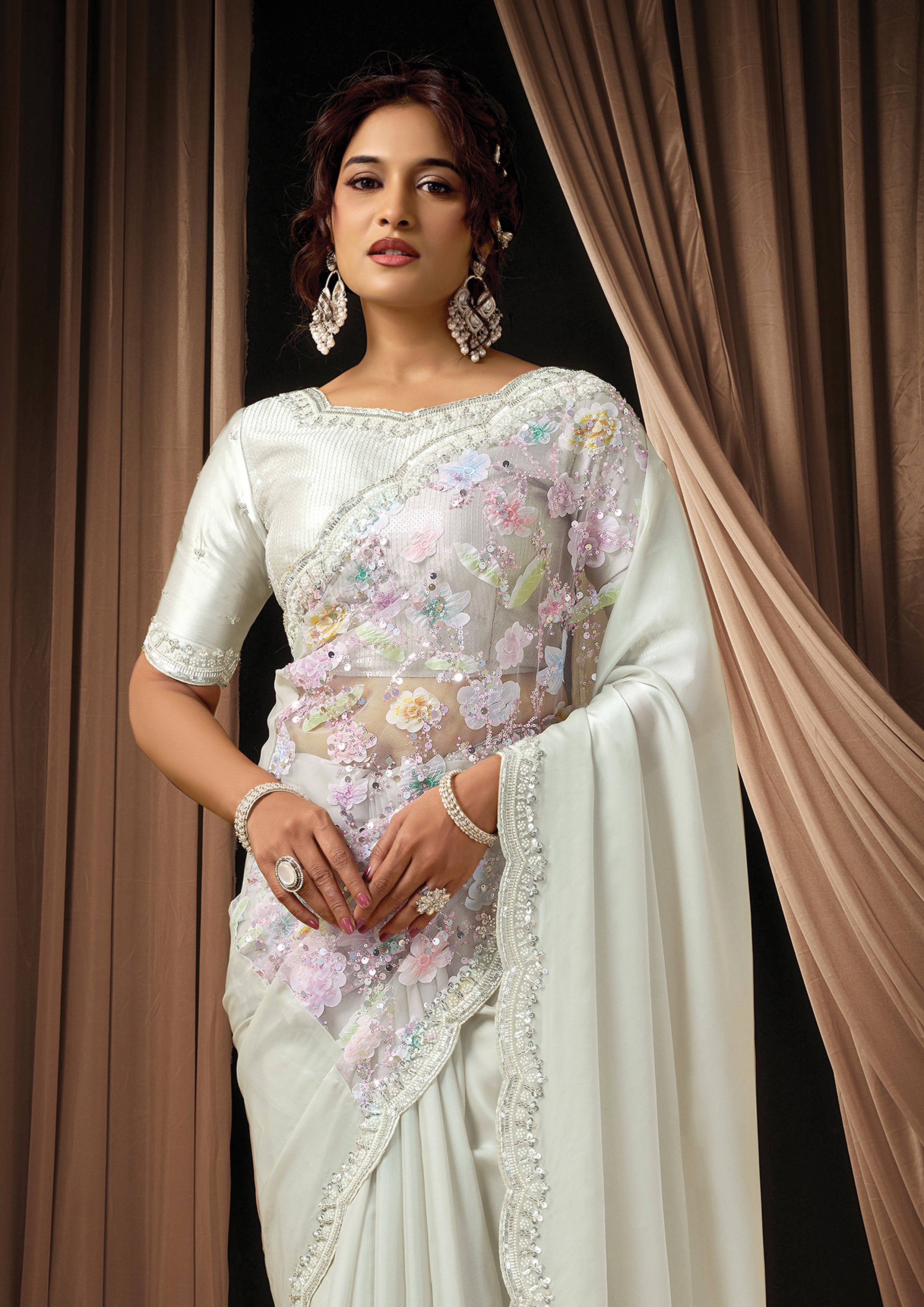 Light Grey Embellished Satin Silk Saree