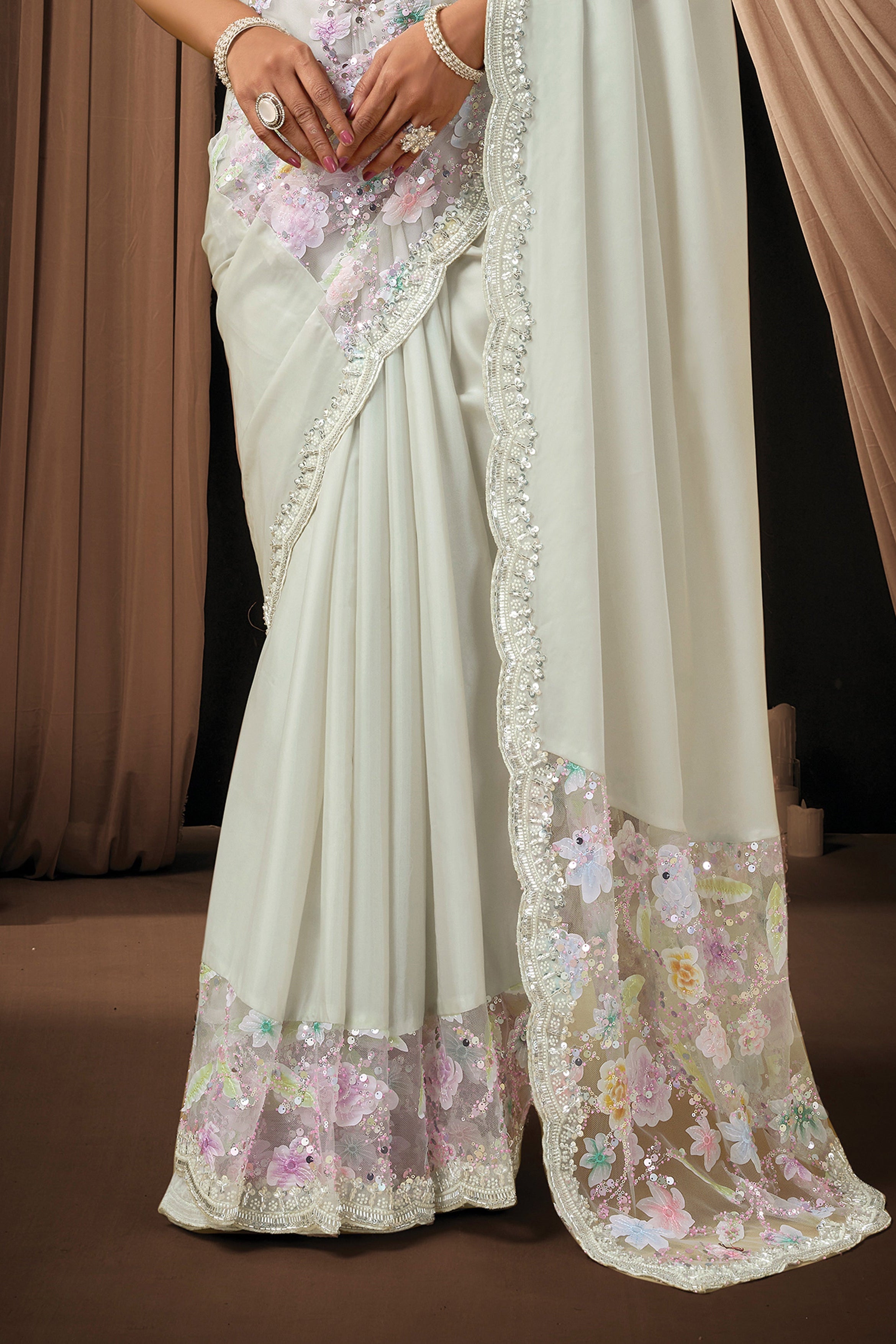 Light Grey Embellished Satin Silk Saree