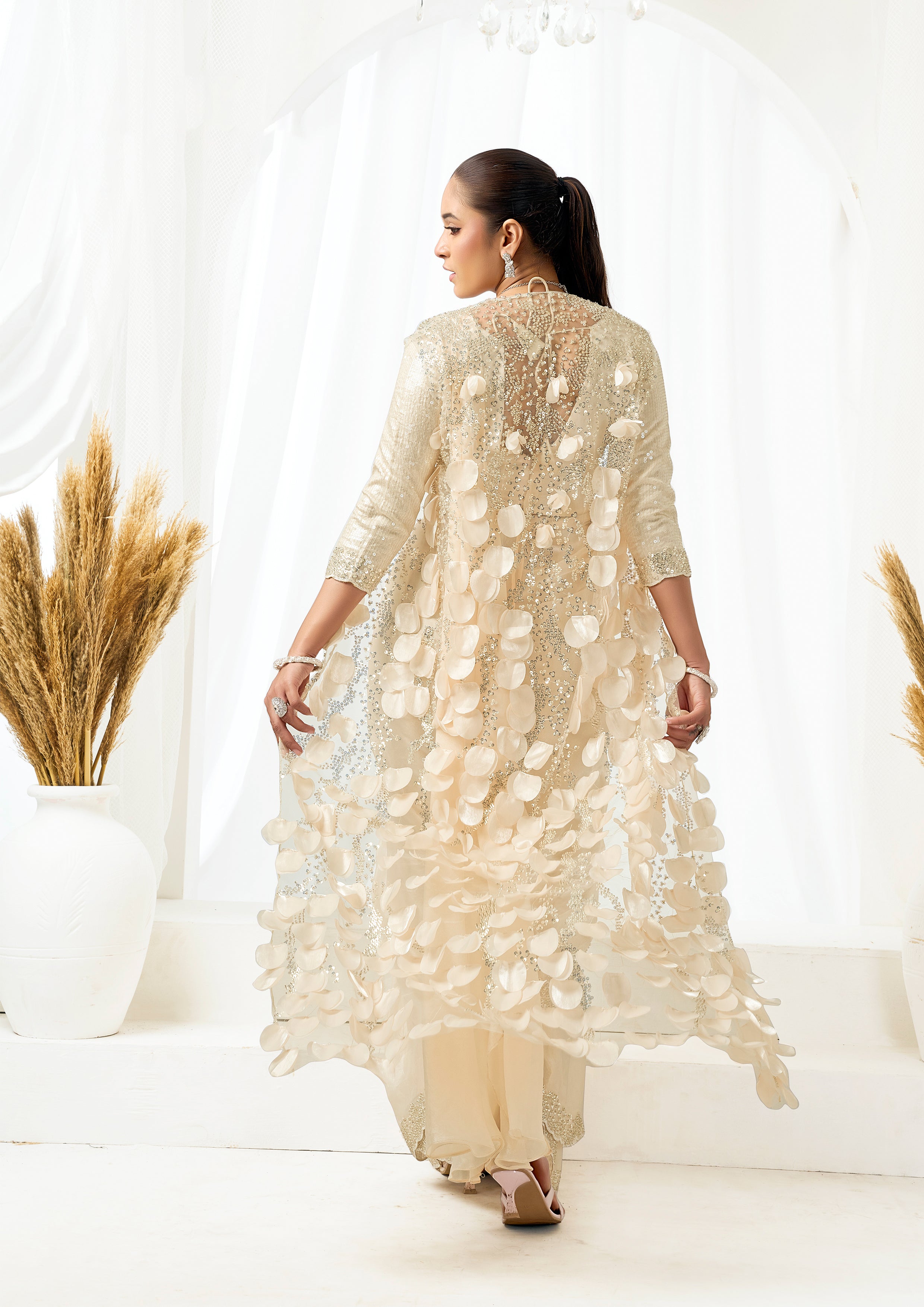 Pearl Cream Embellished Satin Silk Saree with Jacket
