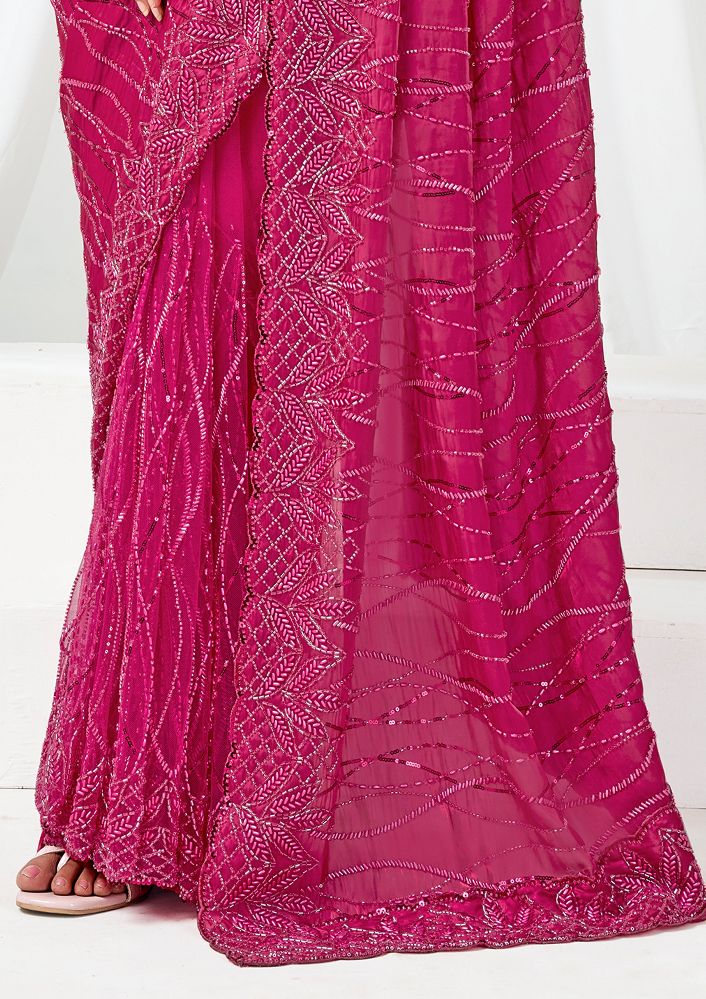 Radiant Fuchsia Embellished Crystal Satin Saree