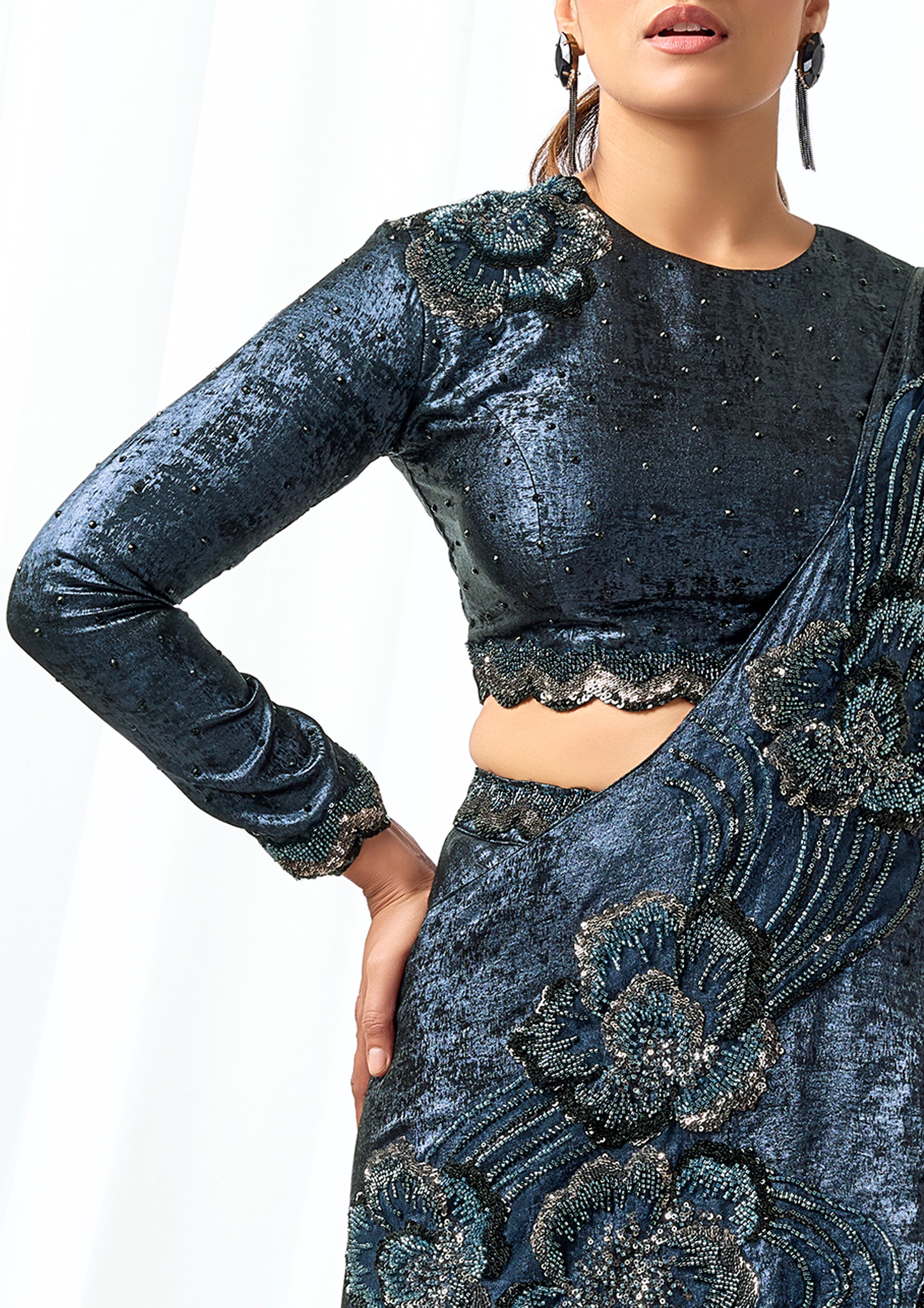 Dark Blue Embellished Metallic Satin Silk Lehenga Saree
