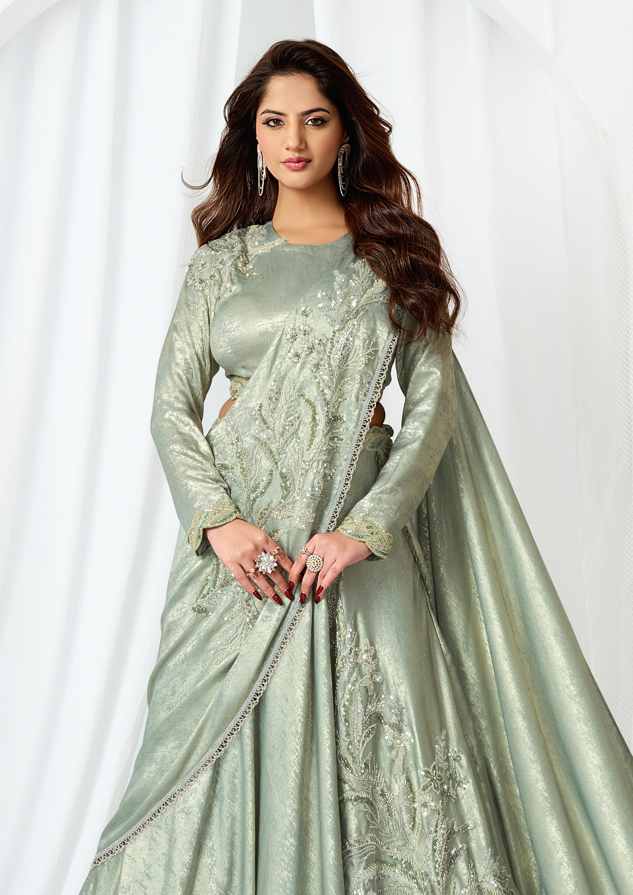 Pastel Green Embellished Metallic Satin Silk Lehenga Saree