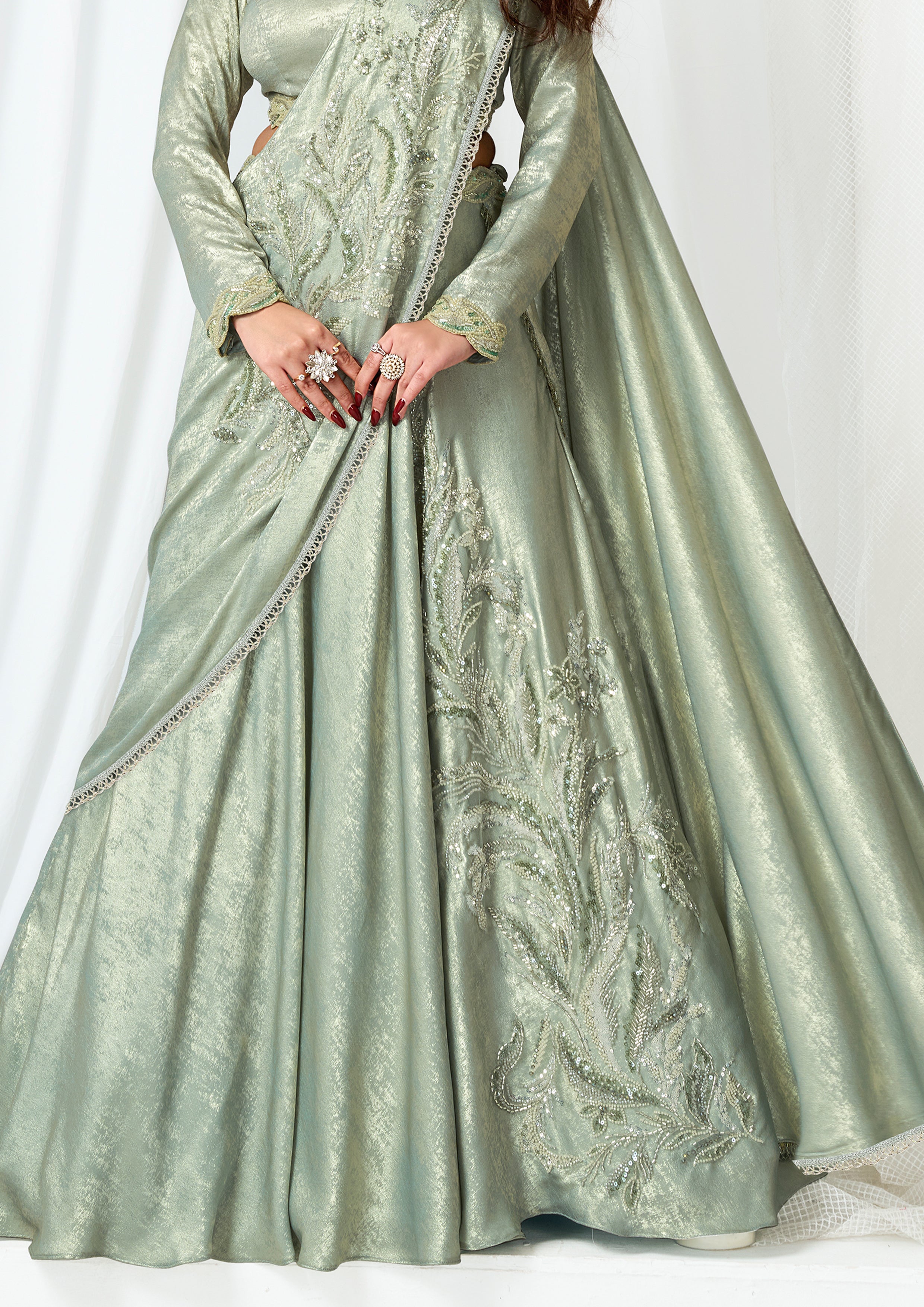 Pastel Green Embellished Metallic Satin Silk Lehenga Saree