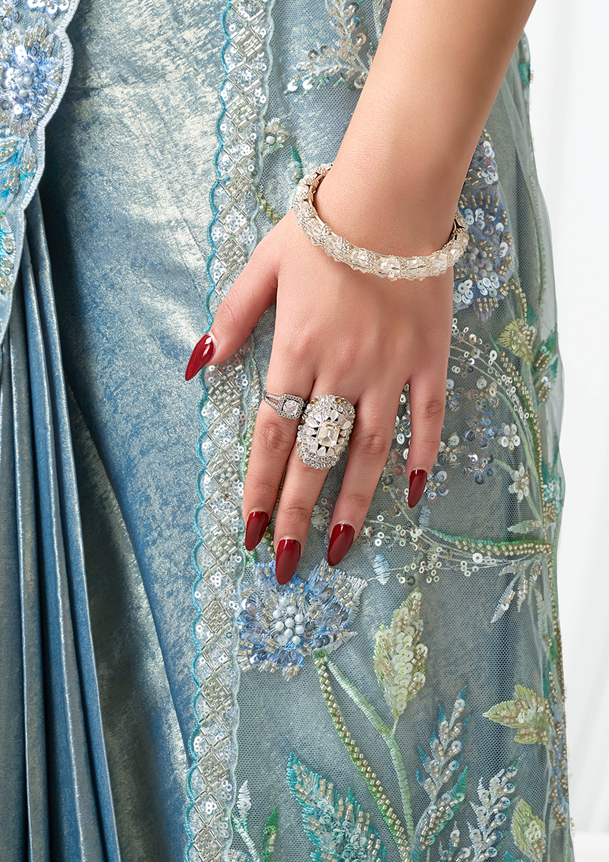 Metallic Grey Embellished Metallic Satin Silk Saree