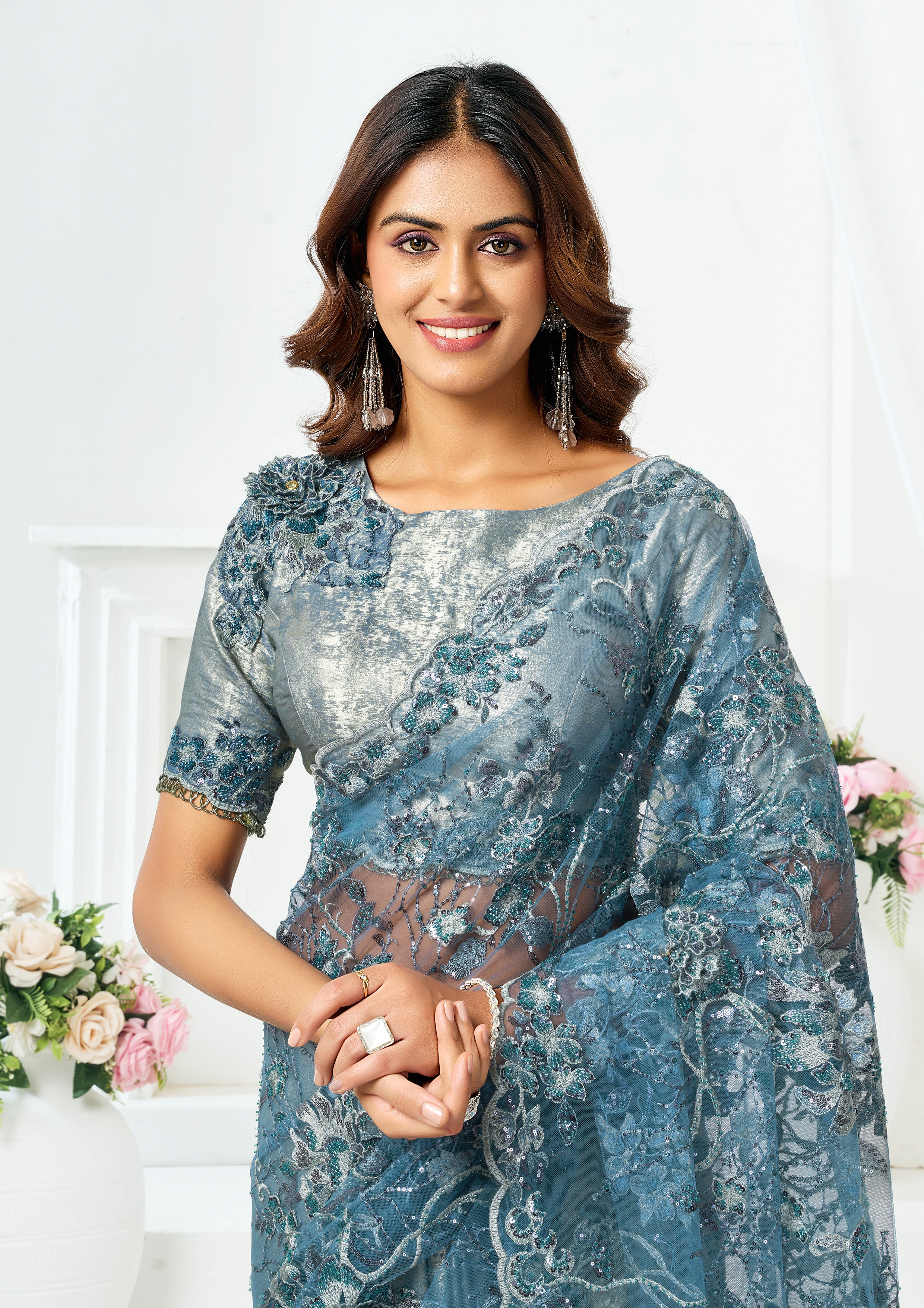 Metallic Grey Embellished Metallic Satin Silk Saree