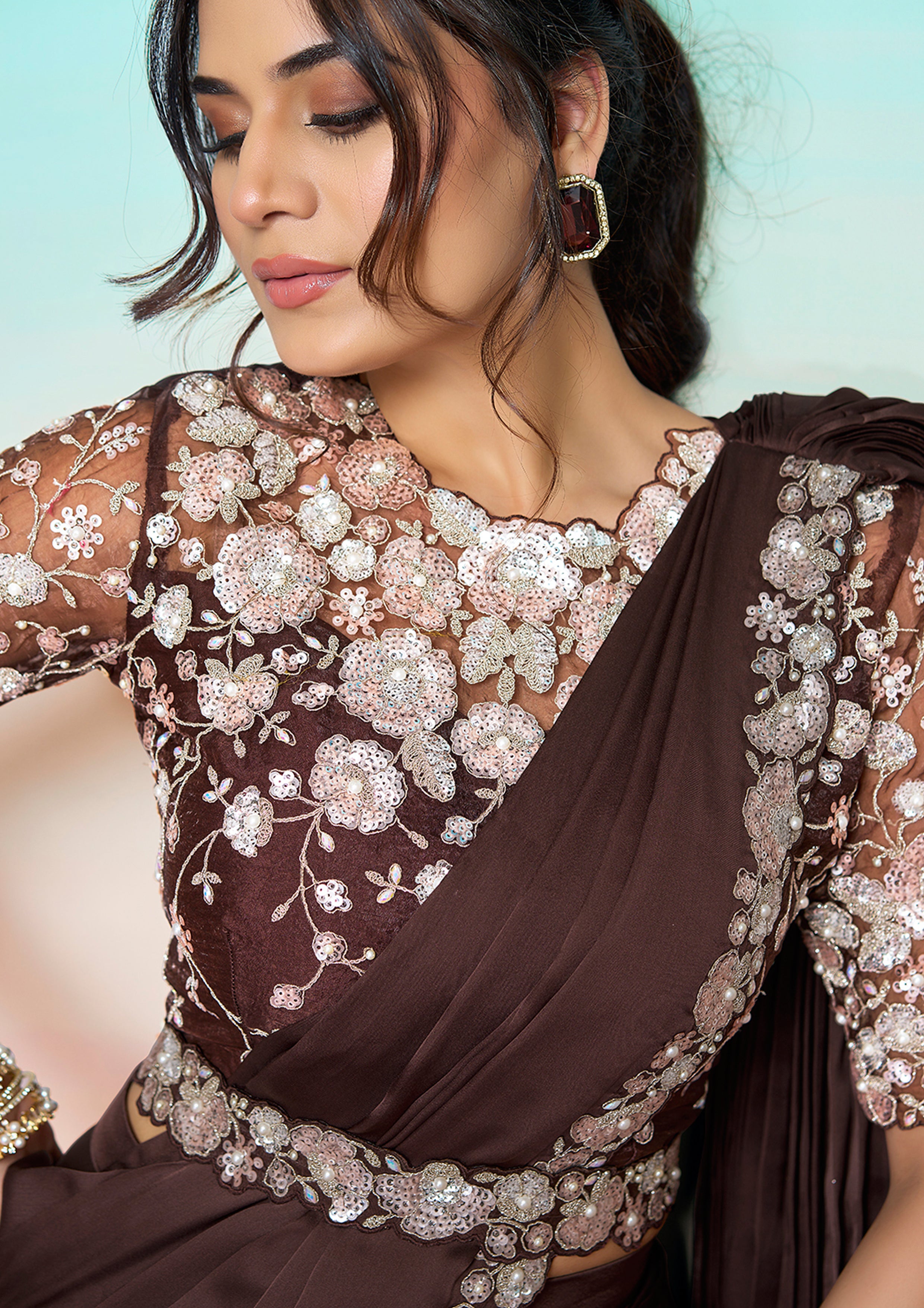 Cocoa Brown Embellished Satin Silk Saree