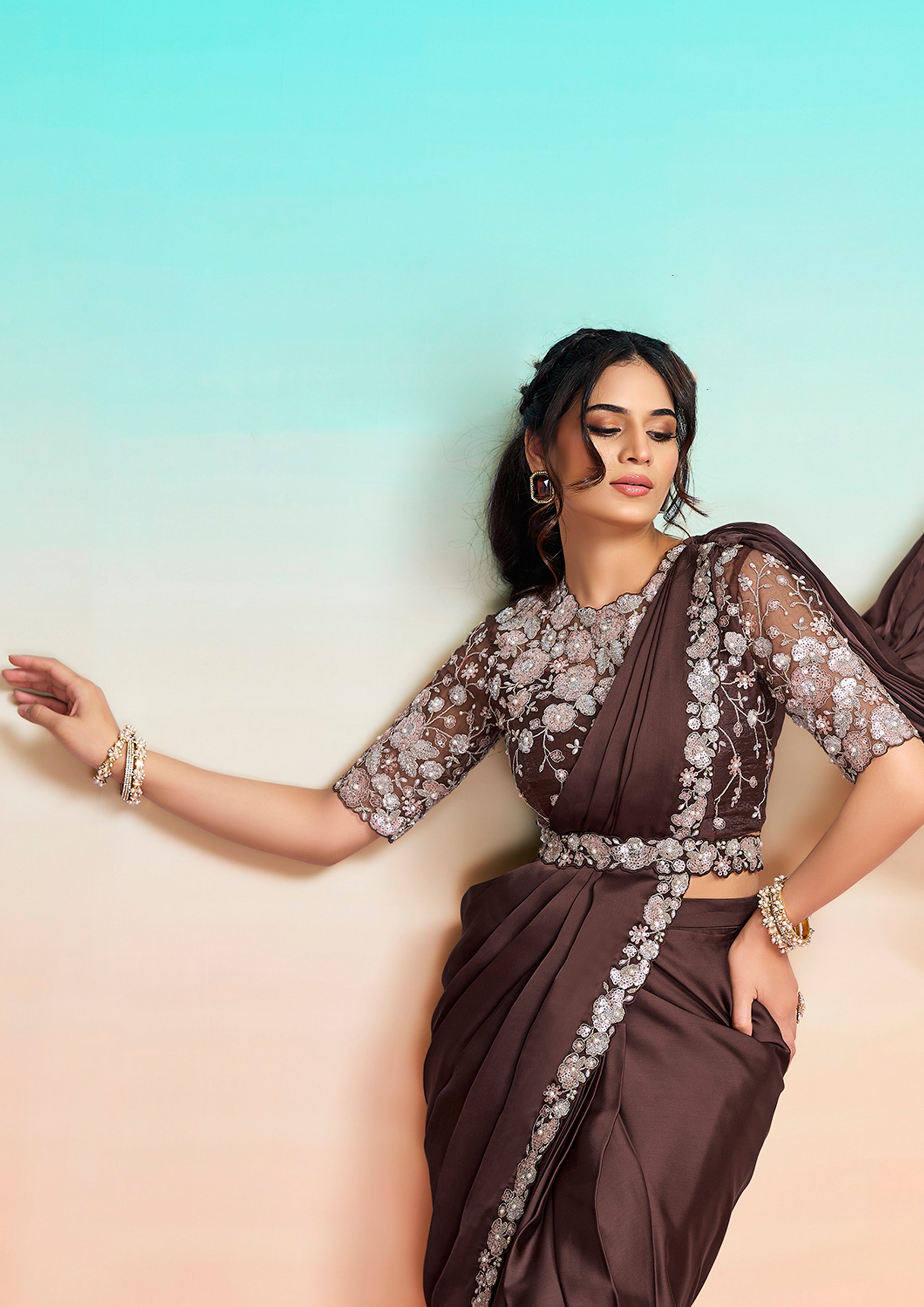 Cocoa Brown Embellished Satin Silk Saree