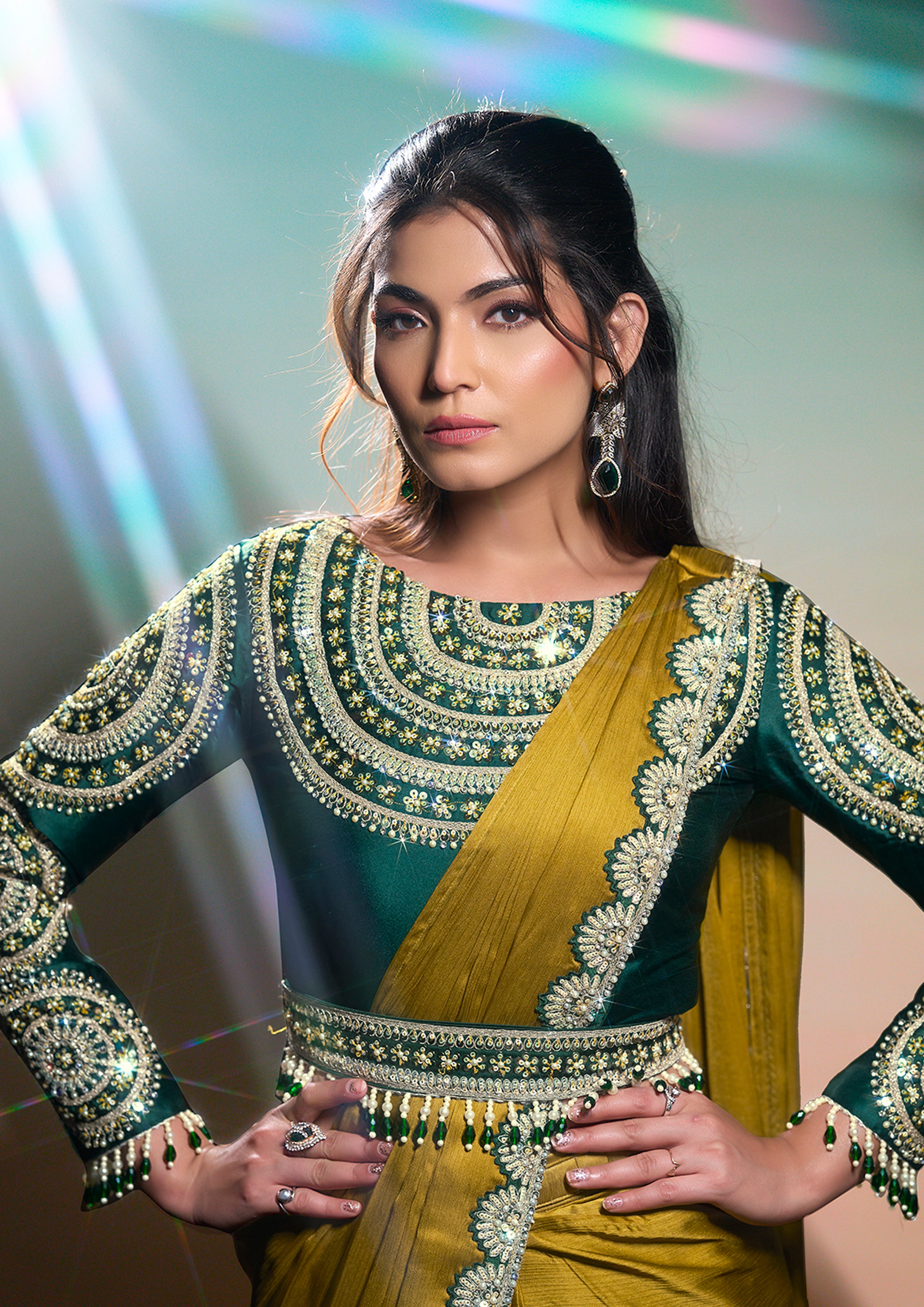 Moss Green Embellished Georgette Silk Saree
