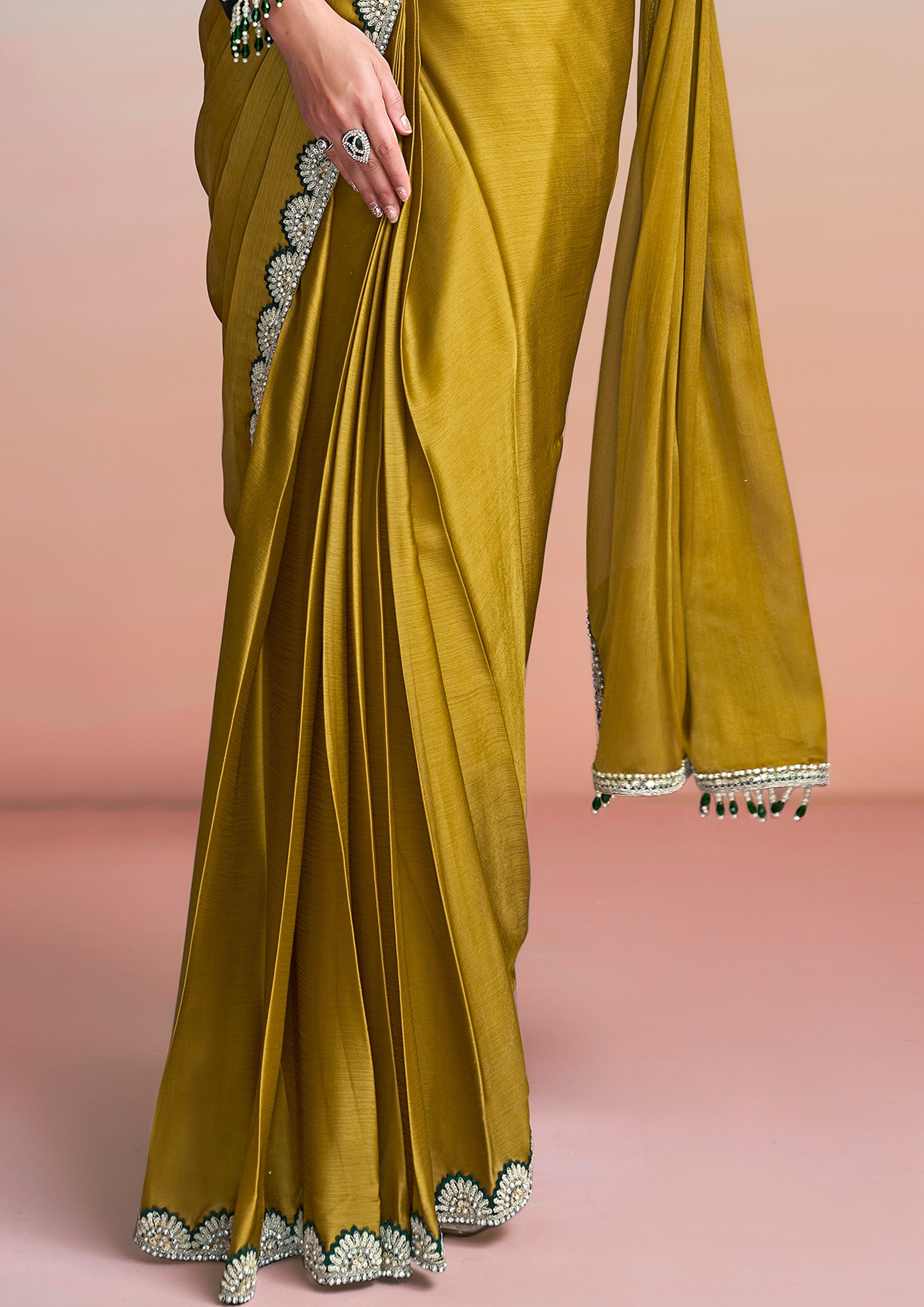 Moss Green Embellished Georgette Silk Saree