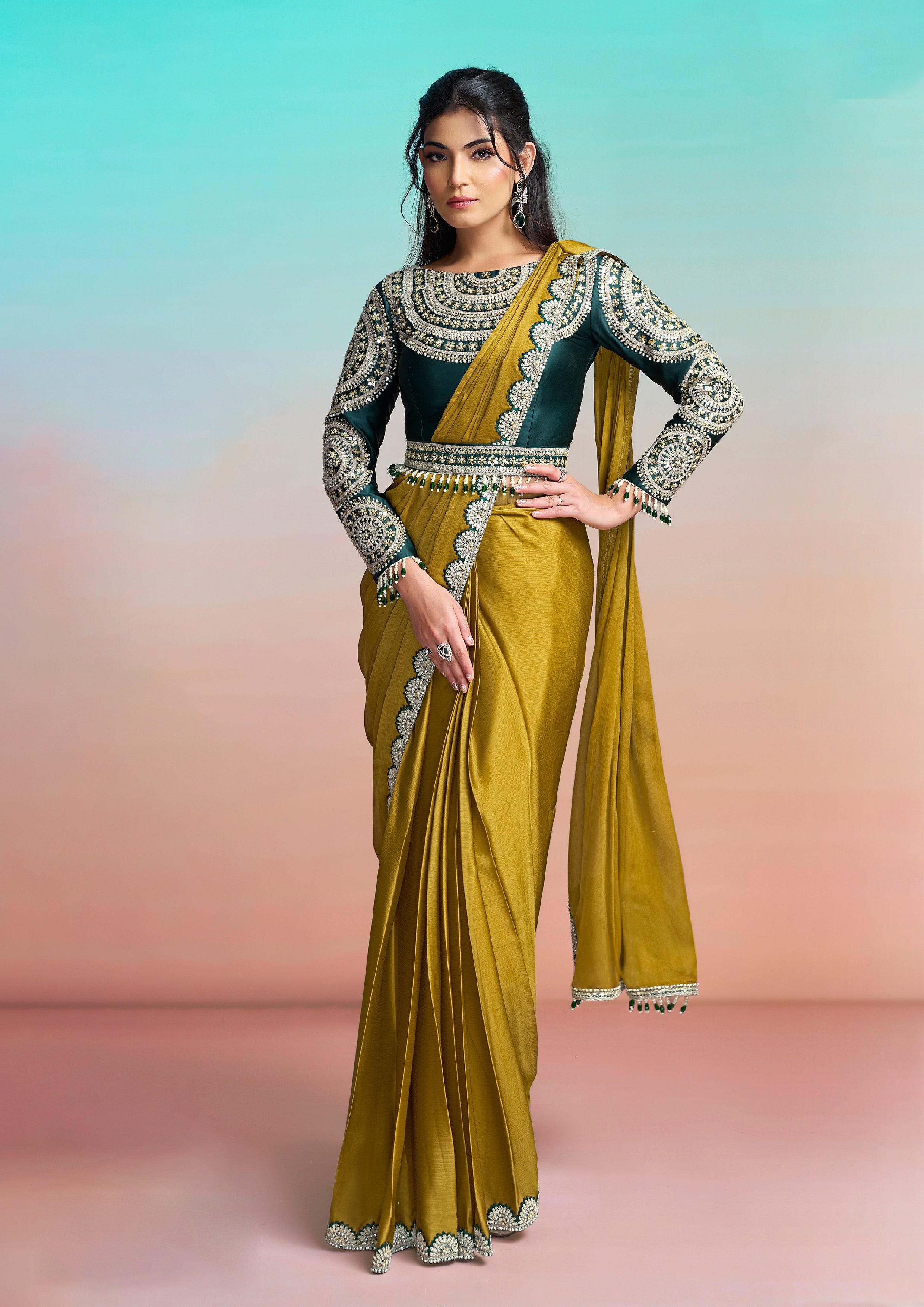 Moss Green Embellished Georgette Silk Saree