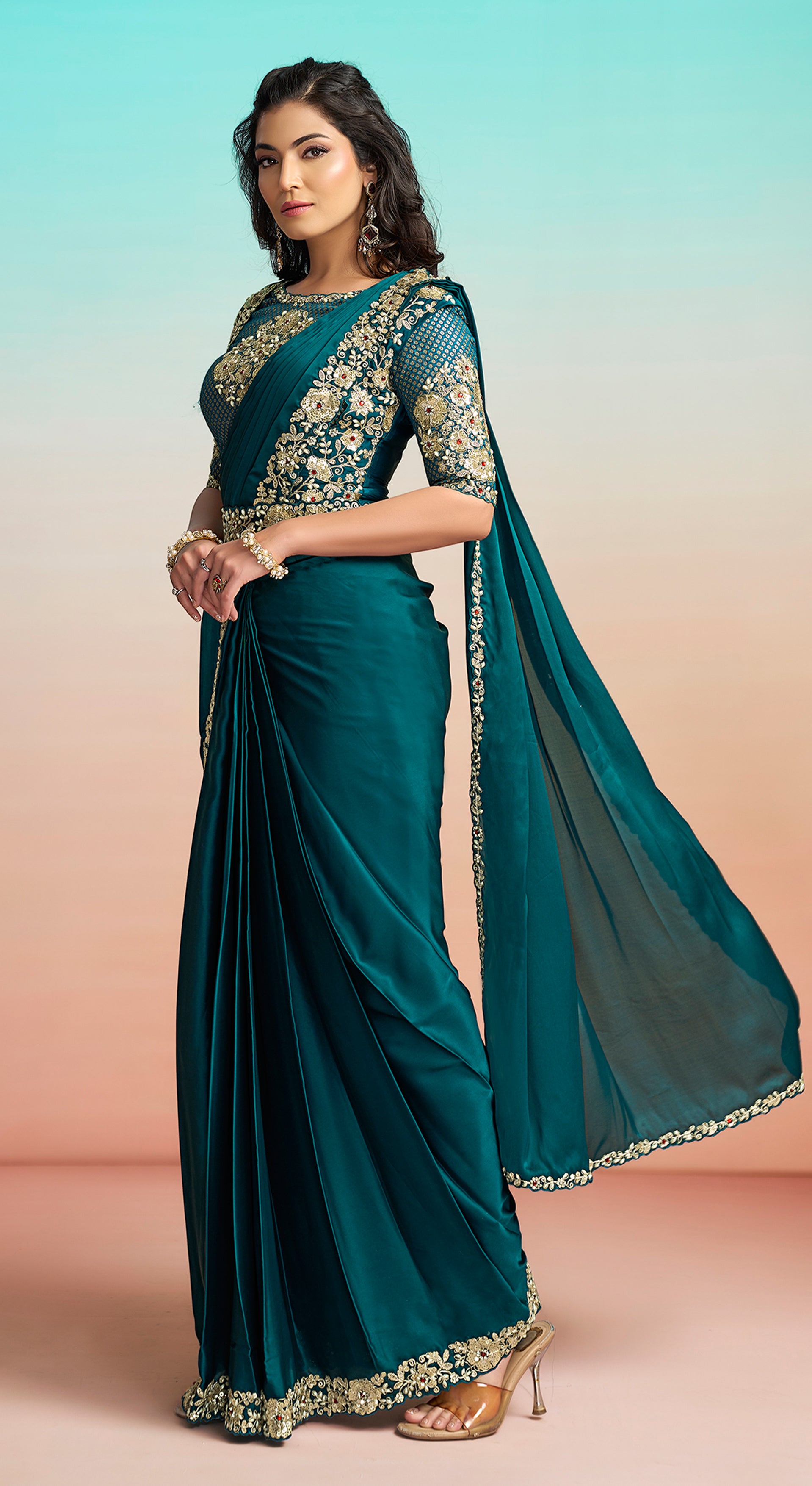 Peacock Blue Embellished Satin Silk Draped Saree