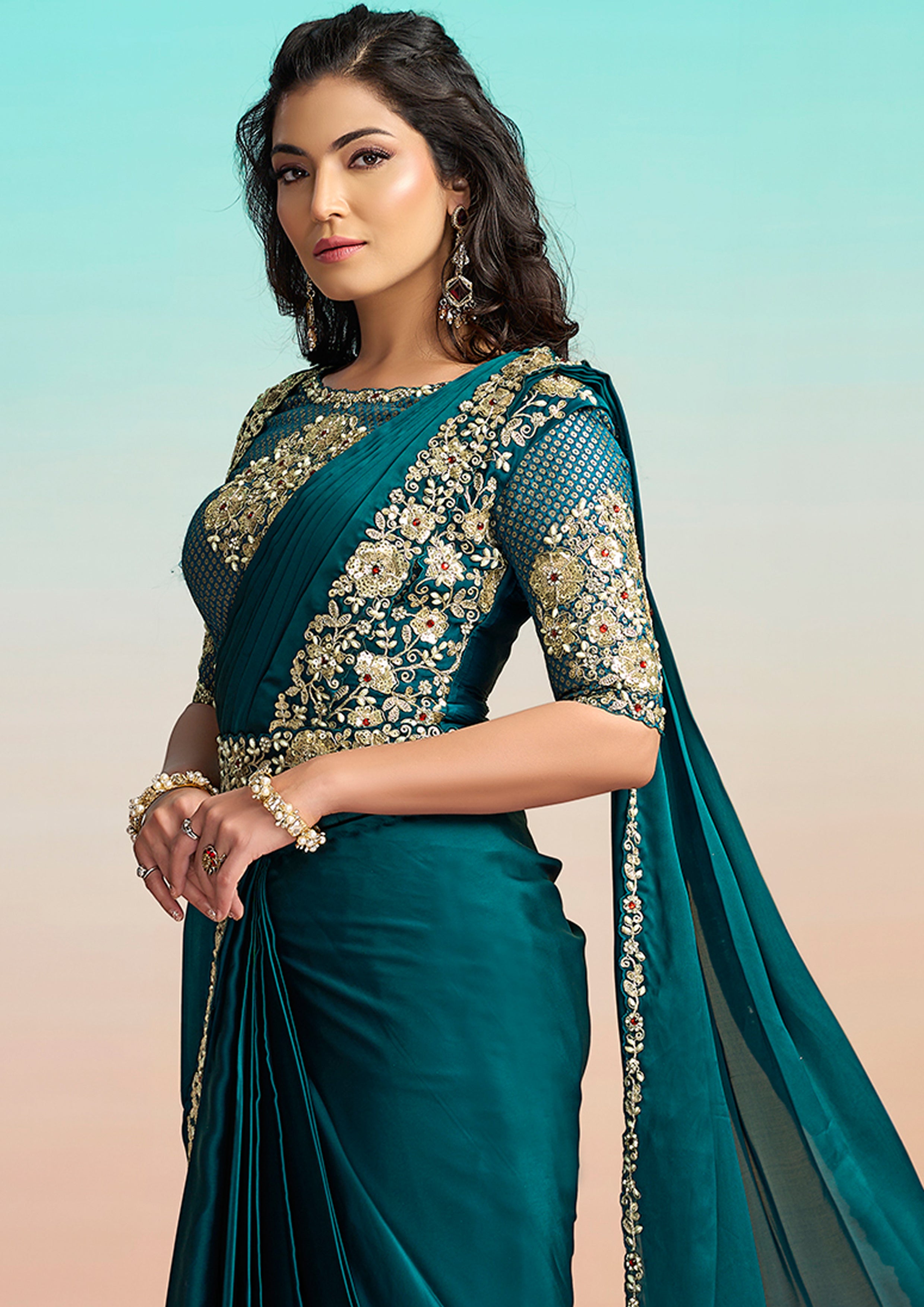 Peacock Blue Embellished Satin Silk Draped Saree